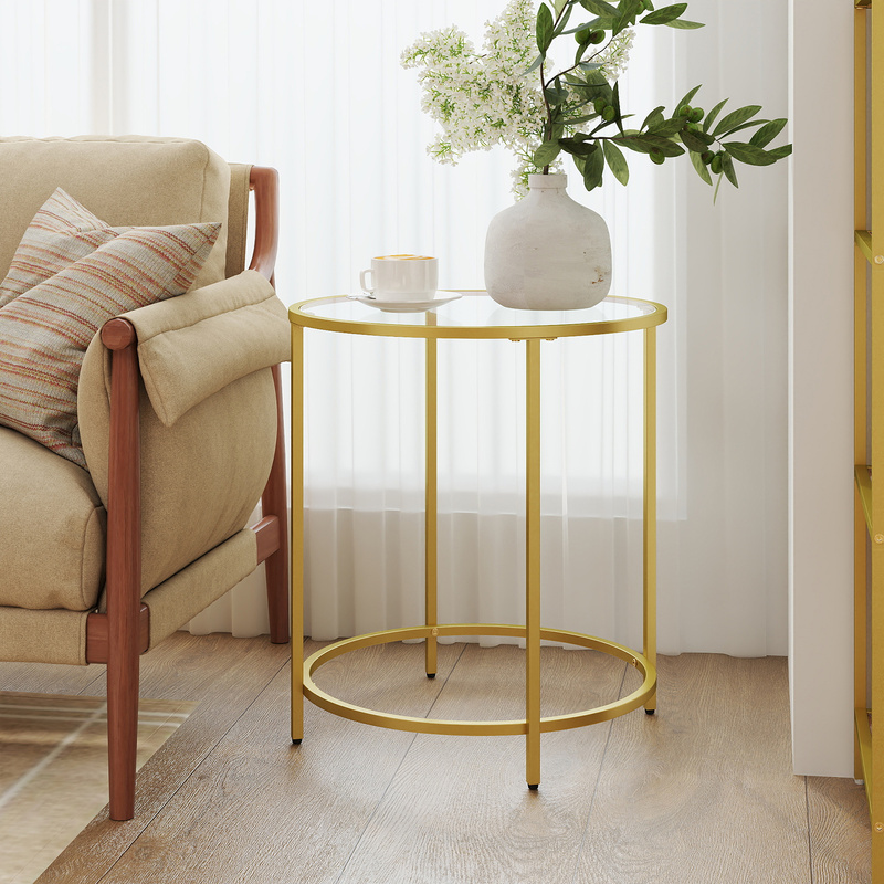 TEMU Glass End Table, Round Side Table With Metal Frame, For Living Room, Balcony, Bedroom, Gold Color
