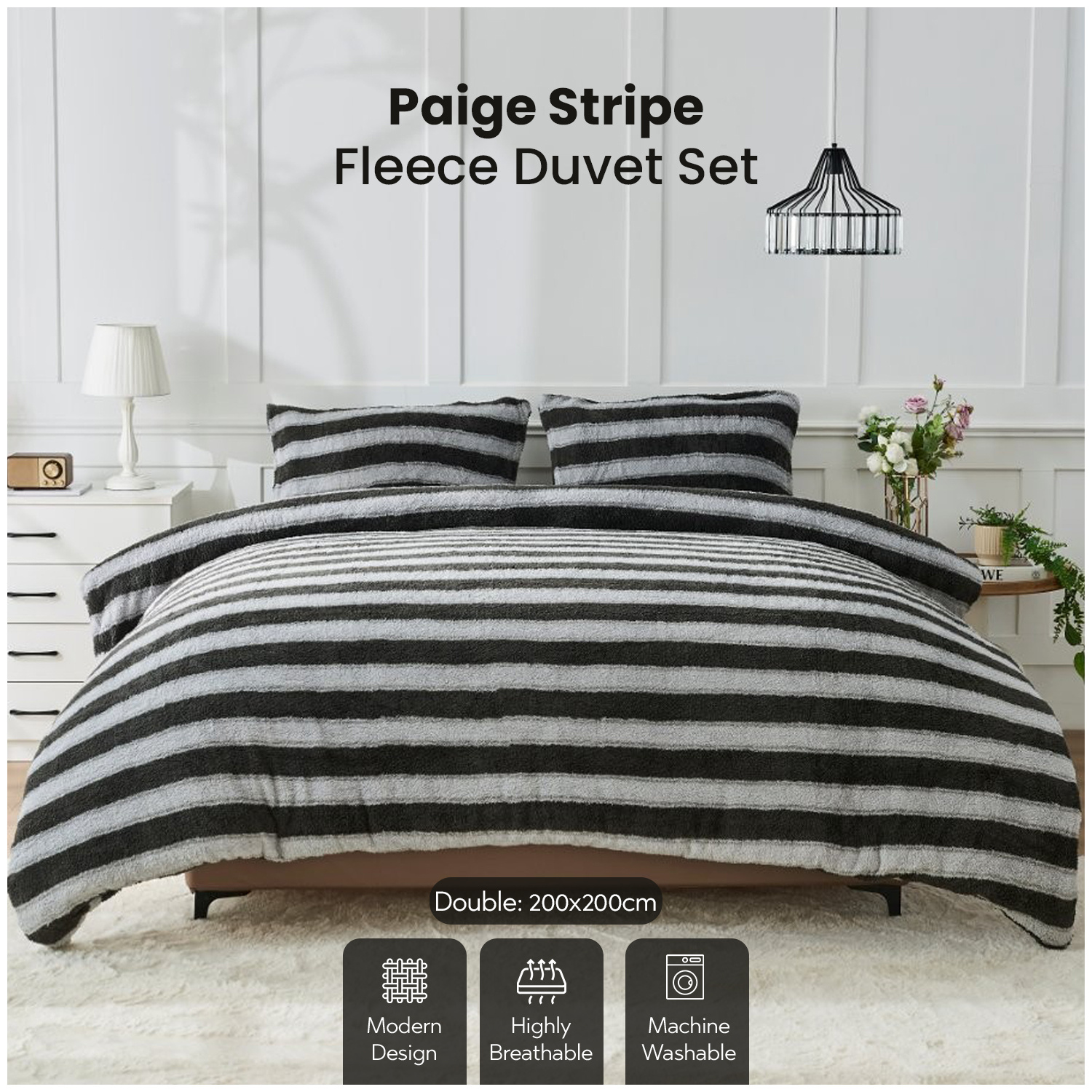 TEMU Teddy Fleece Printed Stripe Duvet Set | Super Soft Warm Cosy Thermal Winter Quilt Cover With Matching Pillowcases | Fluffy Plush Bedding Set For