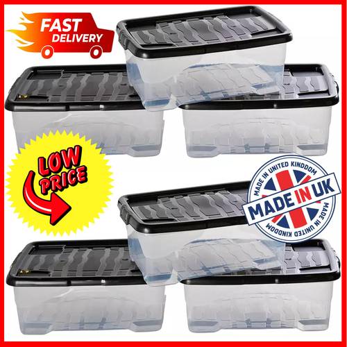 5 x 30l clear underbed plastic stacker box large storage box with lids strong durable