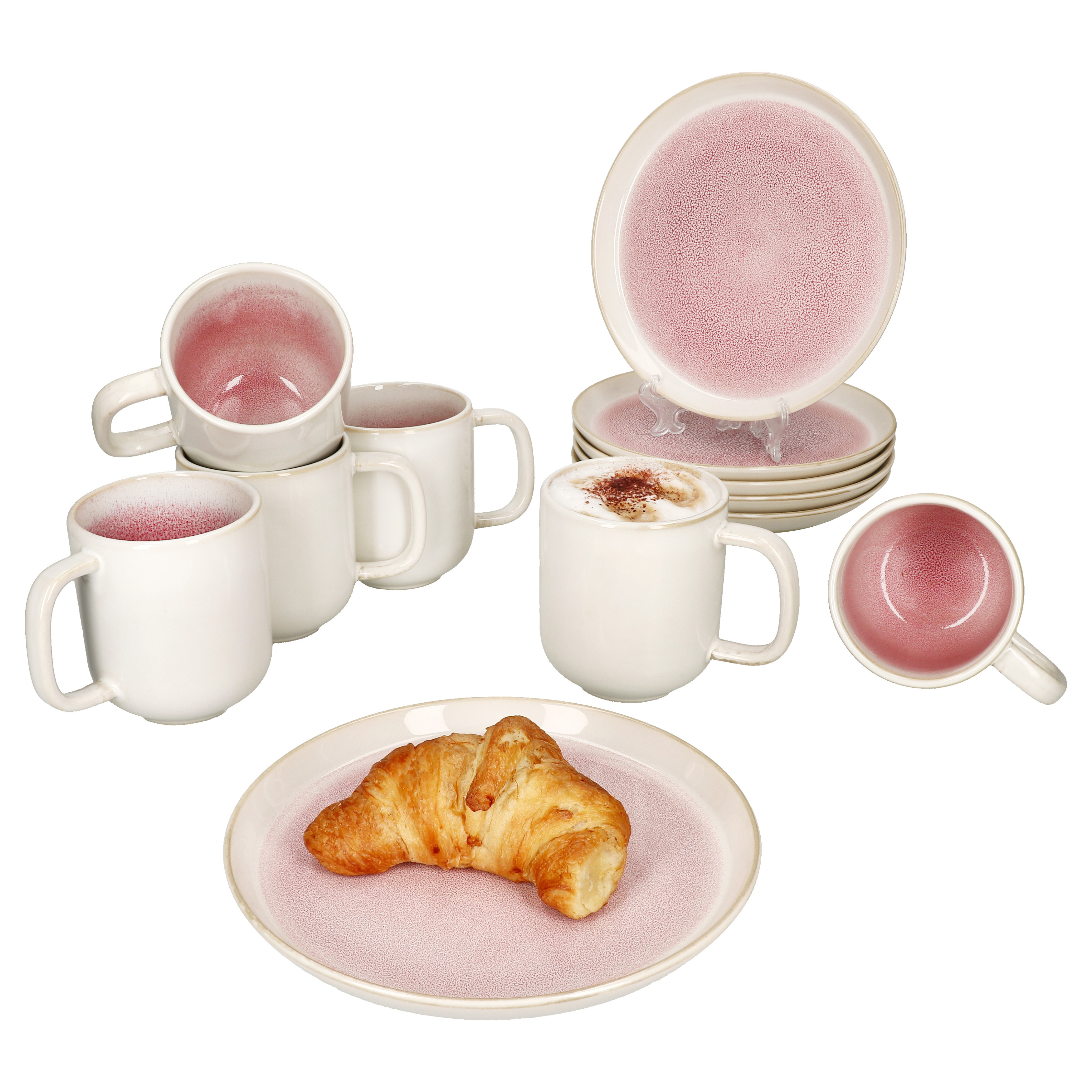 12-piece Breakfast Set, Reactive Glaze Paris Stoneware, For 6 People, Plates And Cups, Pink