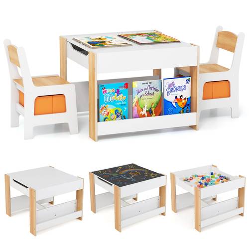 4 in 1 kids table and chair set kids activity table sided tabletop side bookshelves 2 chairs with storage drawers space saving children furniture for drawing reading playing natural