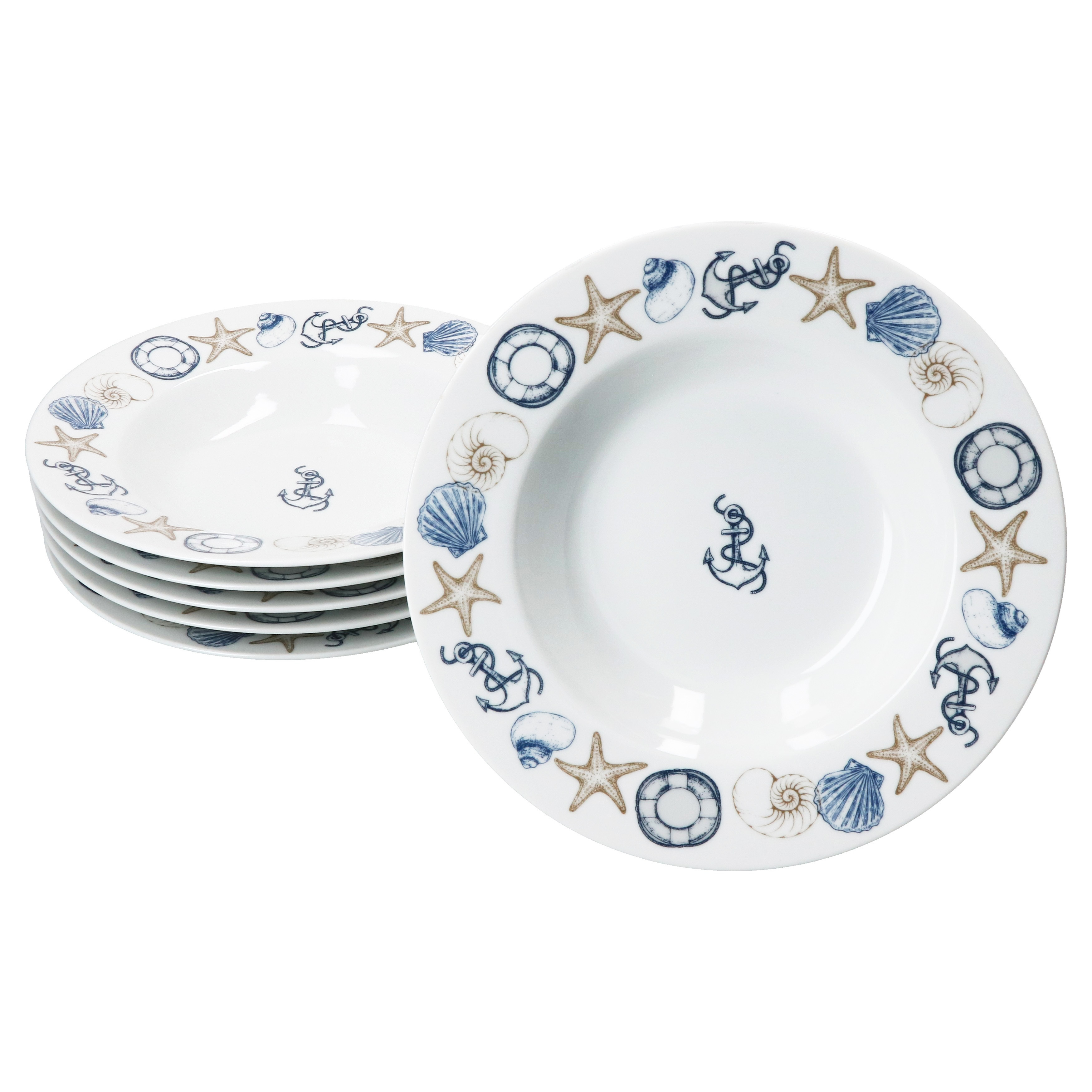 Neptun 6-piece Set Maritime Soup Plates Deep Dinner Plates Porcelain For 6 Anchor Design