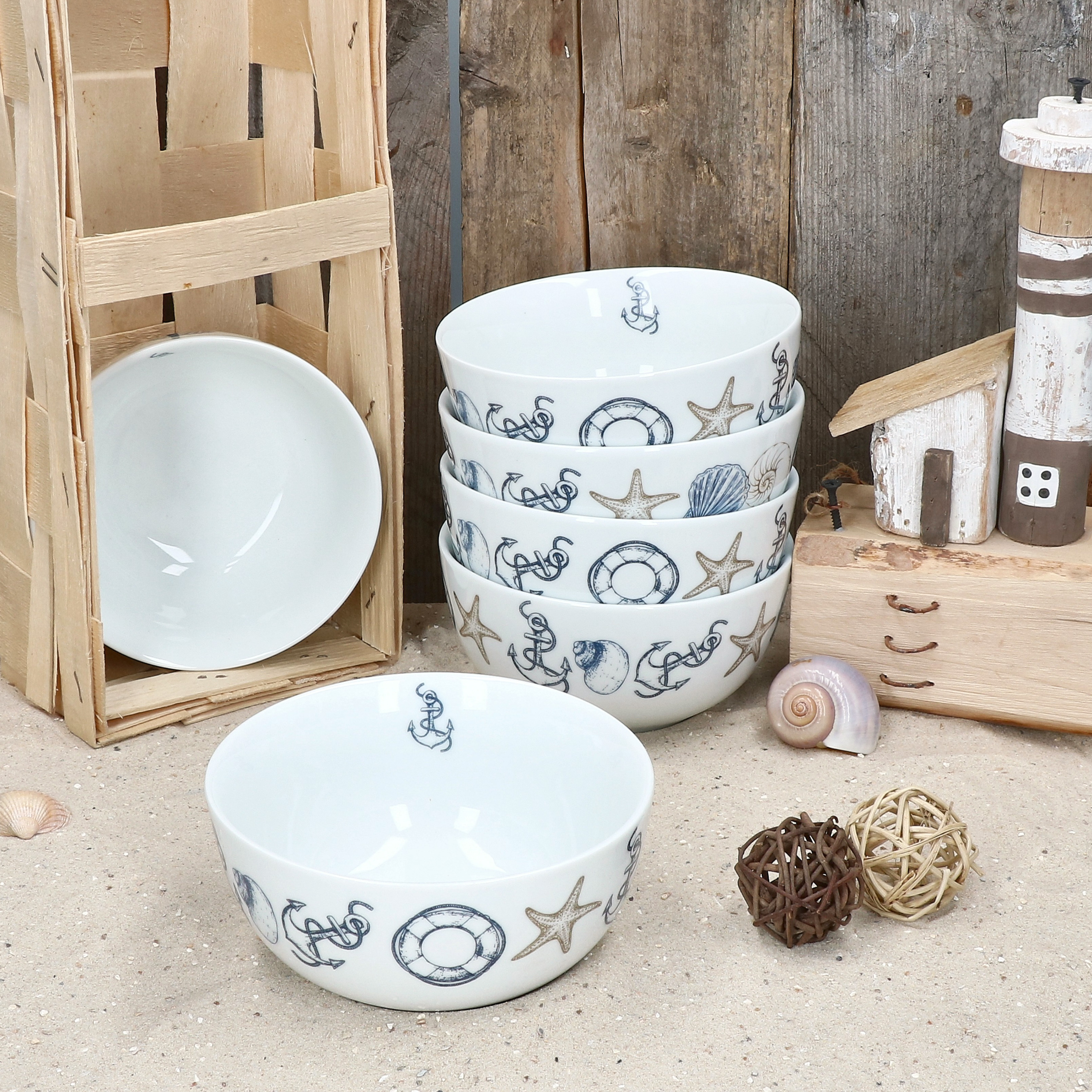 Neptun 6-piece Bowl Set, 400ml, For 6 People, Maritime Dinnerware, Dessert Bowl With Anchor Design