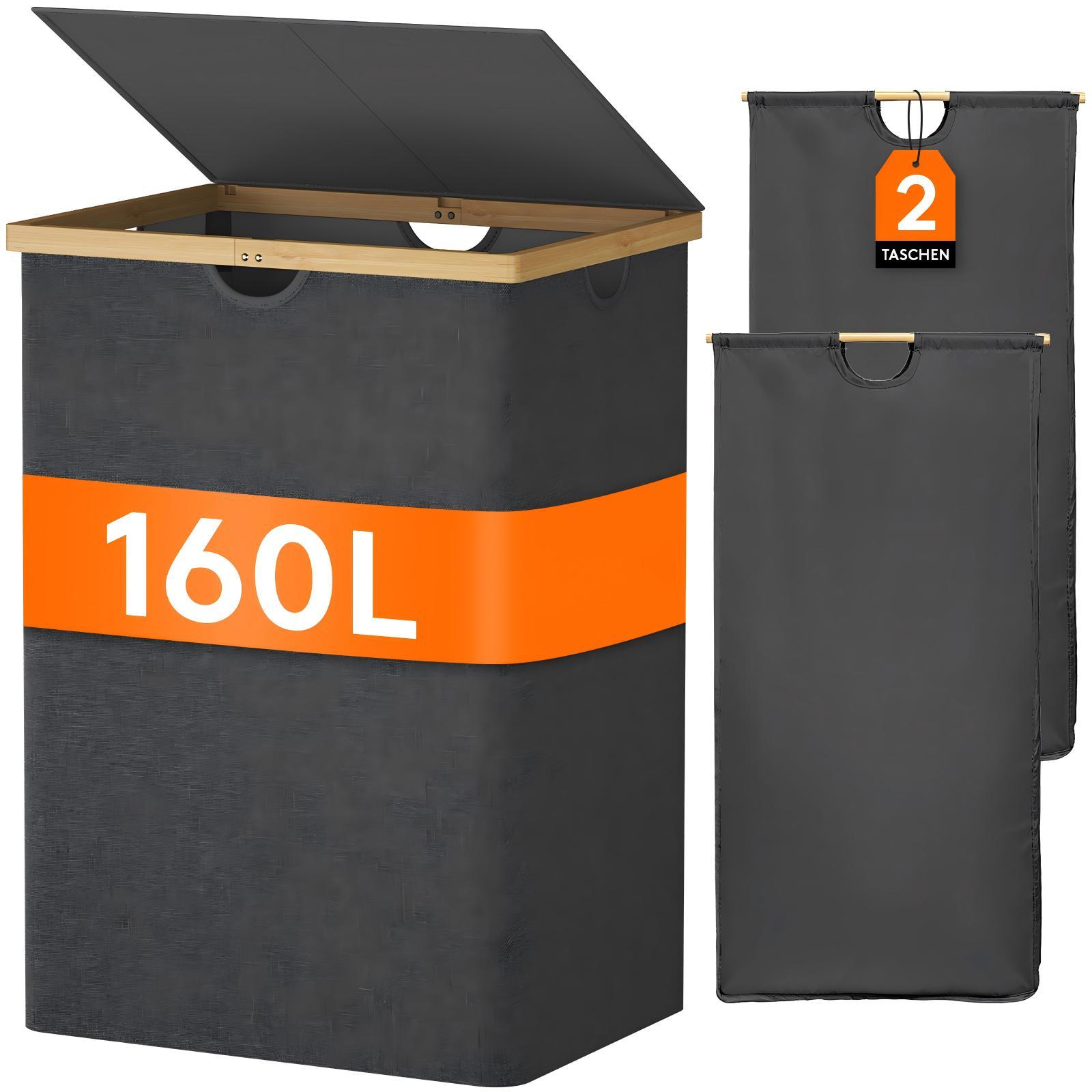 E-shop 160 Liter Bambus-Wäschekorb mit Deckel, faltbarer Wäschekorb, 2 Fächer, Kleidersortierer mit abnehmbarem Wäschesack, Bambusgriff, Wäschebox,