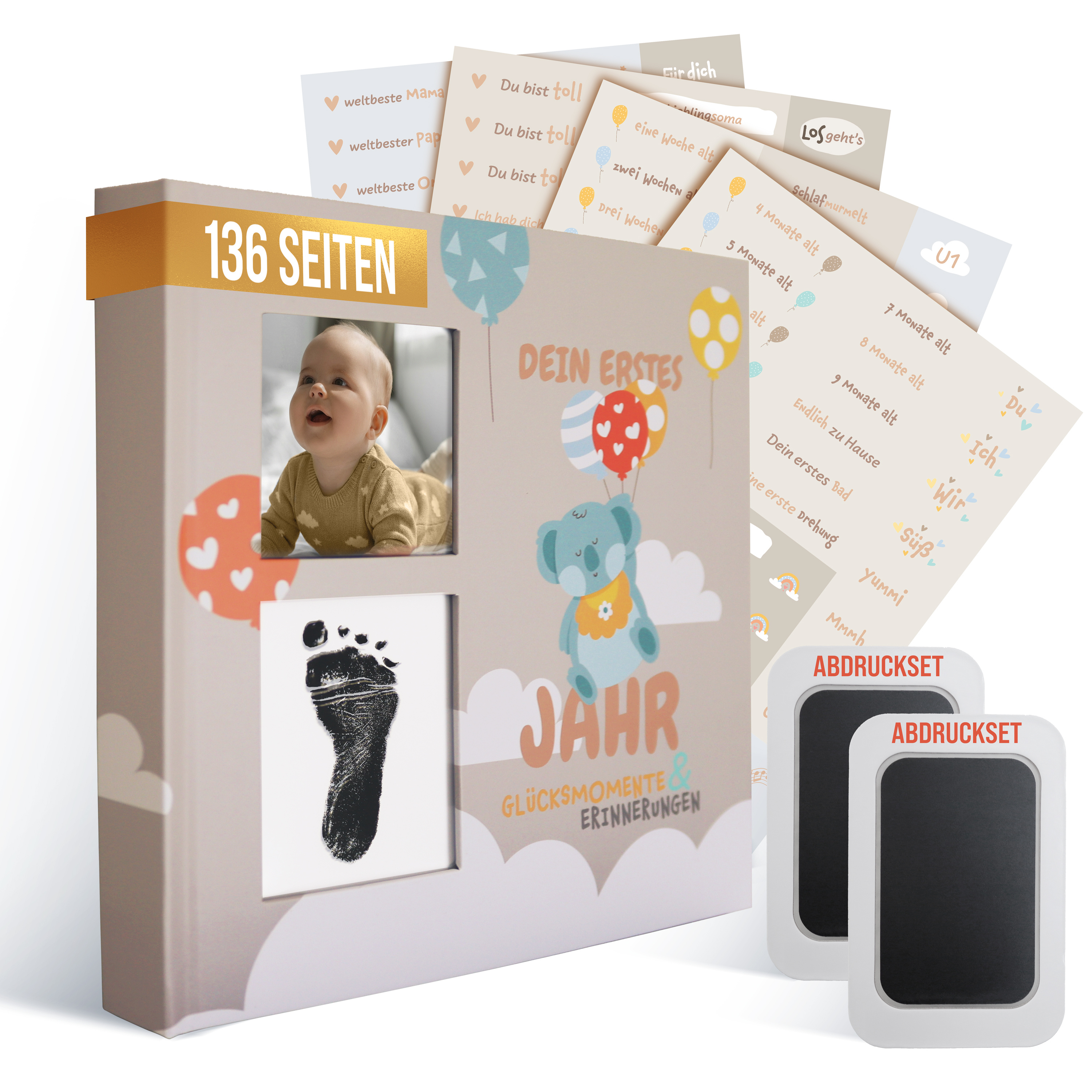 E-shop colortouch Babyalbum Dein erstes Lebensjahr mit Abdruckset + Aufkleber, Baby Fotoalbum zum Selbstgestalten, Babybuch zum Ausfüllen, Babytagebuch