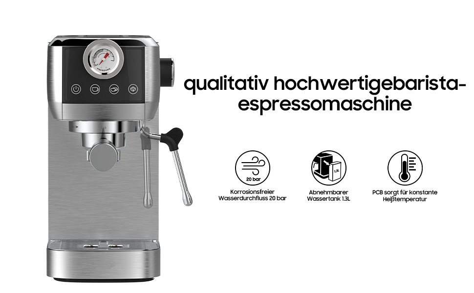 Espresso Machine CM1665B with 20 Bar Italian Pump - Espresso Sieve Carrier Machine Stainless Steel | Coffee Machine Espresso for Cappuccino, Latte, Touchscreen with Pressure Display, 1.3L Water Tank