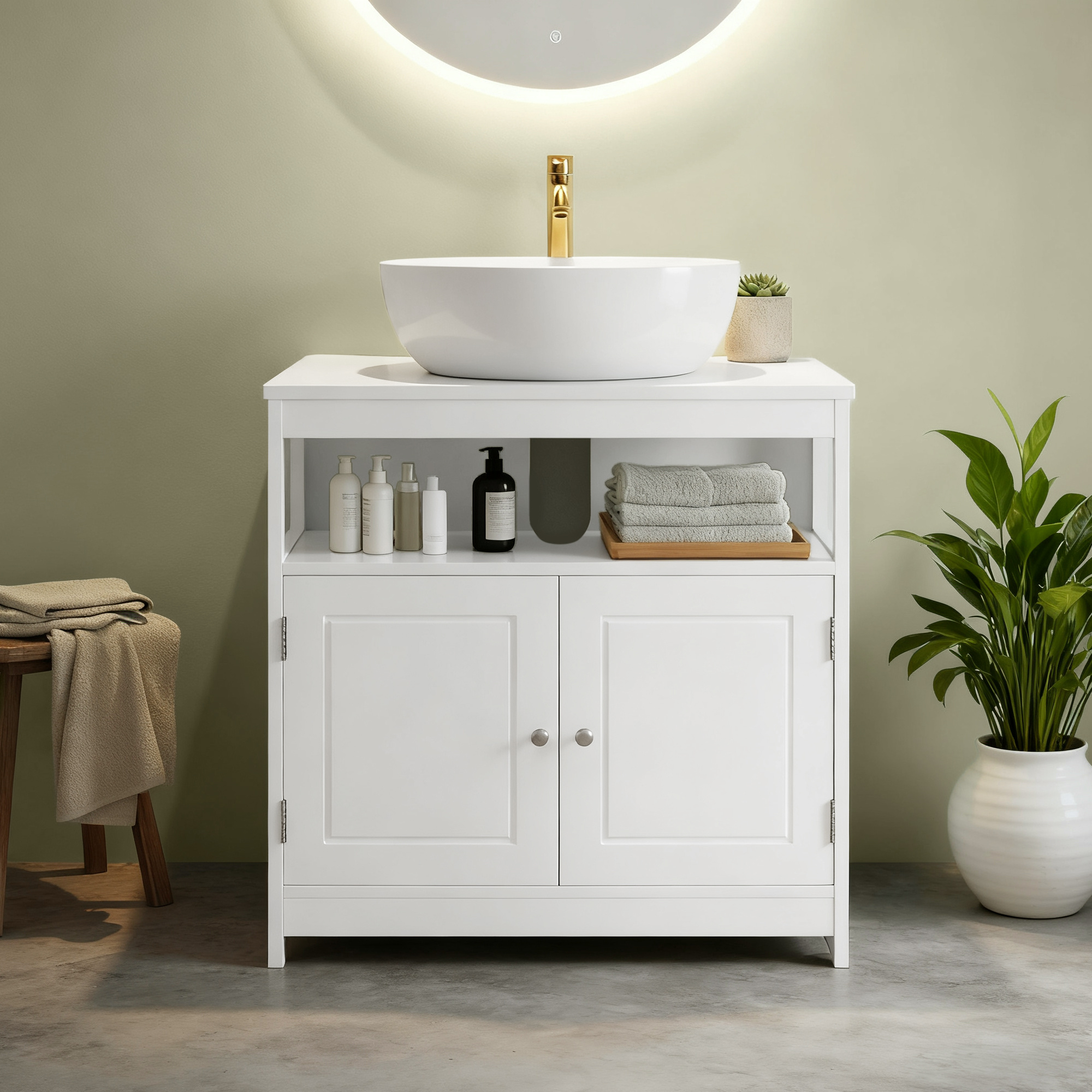 Bathroom Cabinet, Under-sink Cabinet, 30 X 60 X 60 Cm, , Open Compartment, With Handles, White
