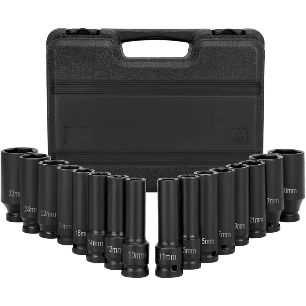 E-shop 16-teiliges Schlagschrauber Nüsse Set – 1/2 Zoll Steckschlüsselsatz 10–32 mm – Inklusive tiefen und flachen Schlagnüssen aus hochfestem