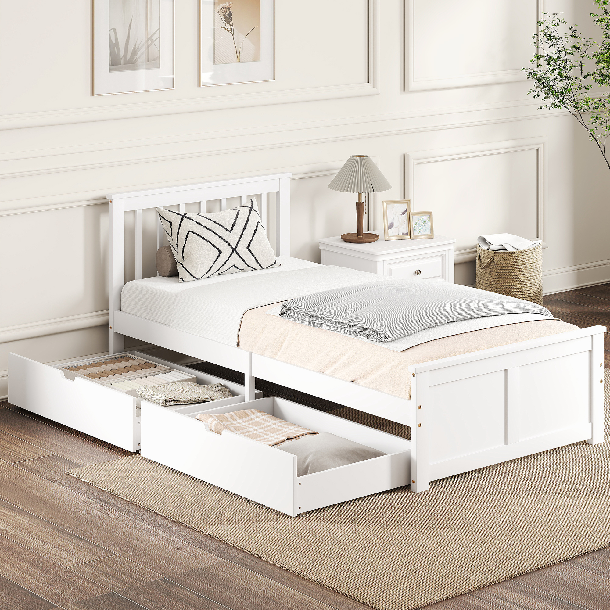 Image of Bed 90 X 200 Cm Bed Frame With Slatted Base Made Of Wood, Drawer, Under-bed Storage, Single Bed, Wooden Bed With Headboard, Bed Frame For Bedroom, , White
