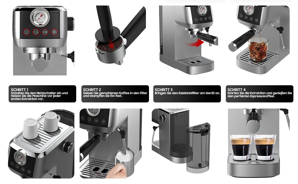 Espresso Machine CM1665B with 20 Bar Italian Pump - Espresso Sieve Carrier Machine Stainless Steel | Coffee Machine Espresso for Cappuccino, Latte, Touchscreen with Pressure Display, 1.3L Water Tank