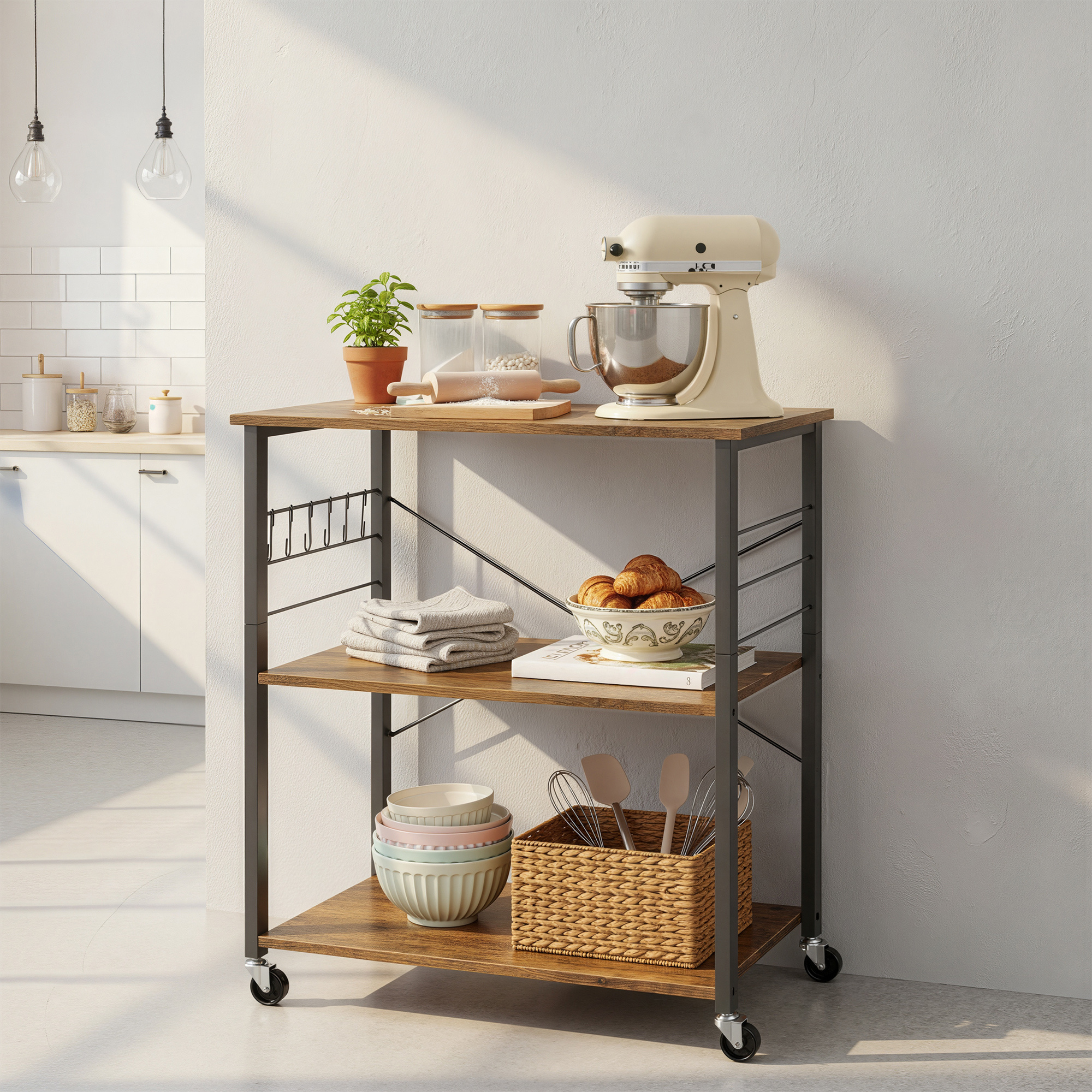 Service Cart With 3 Levels, Kitchen Cart On Wheels, Microwave, Metal Frame, 6 Hooks, Brown-black