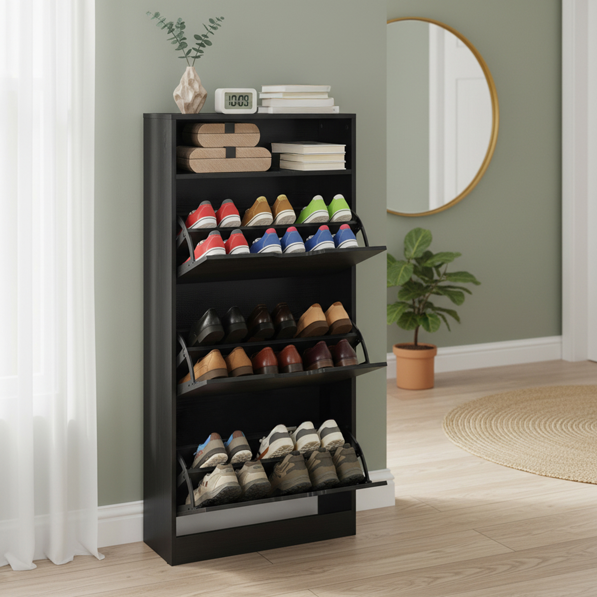 E-shop Schuhkipper 3 , Schuhregal, offenes Fach, Trennwand verstellbar, für 14-18 Paar Schuhe, 24 x 60 x 139 cm, schwarz