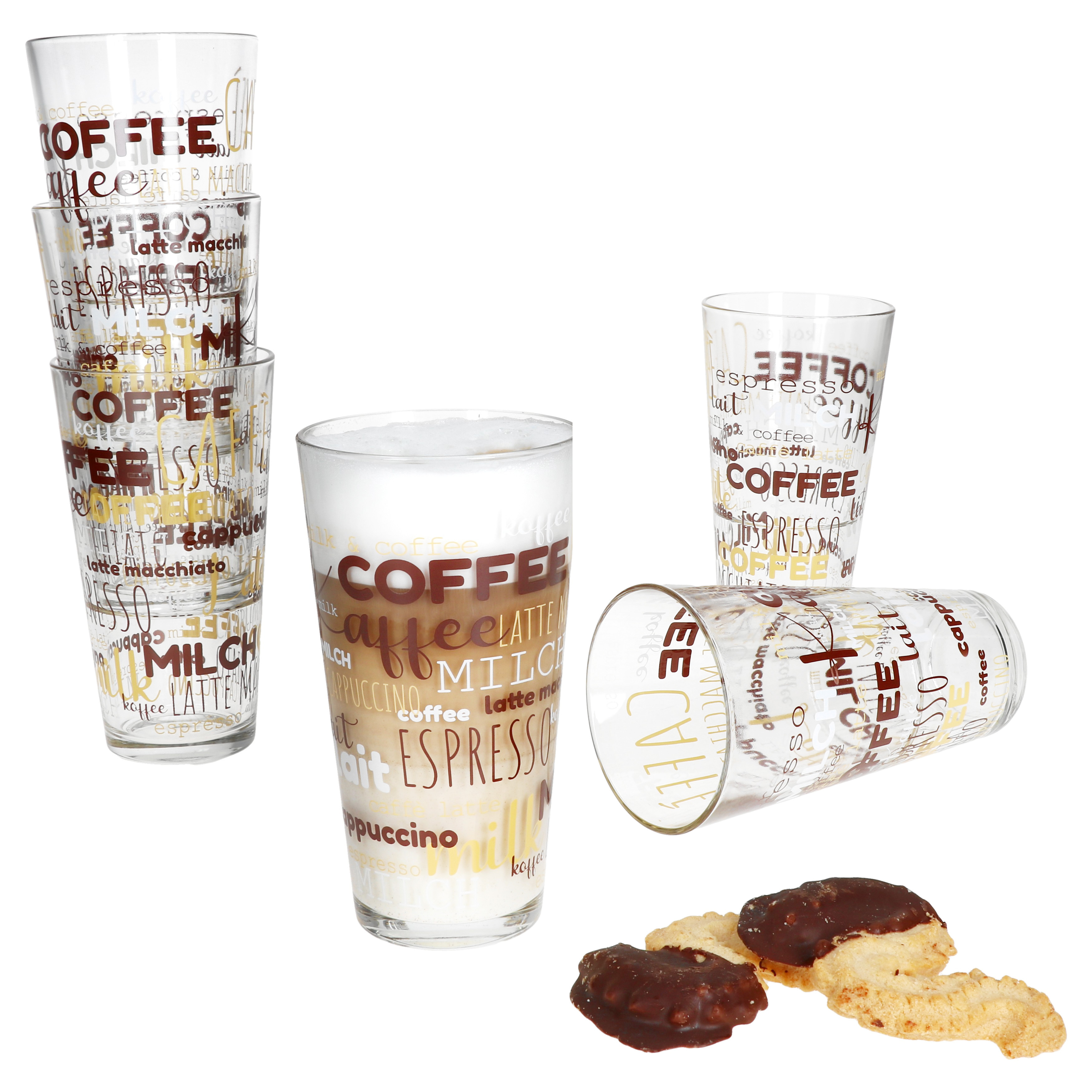 E-shop 6x Candy Gläser 380ml Schrift-Dekor stapelbar Kaffee-Glas