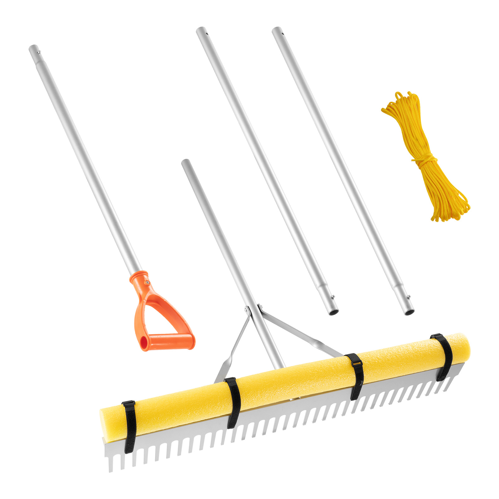 Image of Vevor Landscape Rake, 36 Inch Wide Head 102 Inch Handle, Large Heavy Duty Aluminum Landscaping Leaf Rake Tool, Asphalt Level For Loosening Soil, Garden & Yard, Pond Gravel & Beach Lawn Care, 52ft Rope