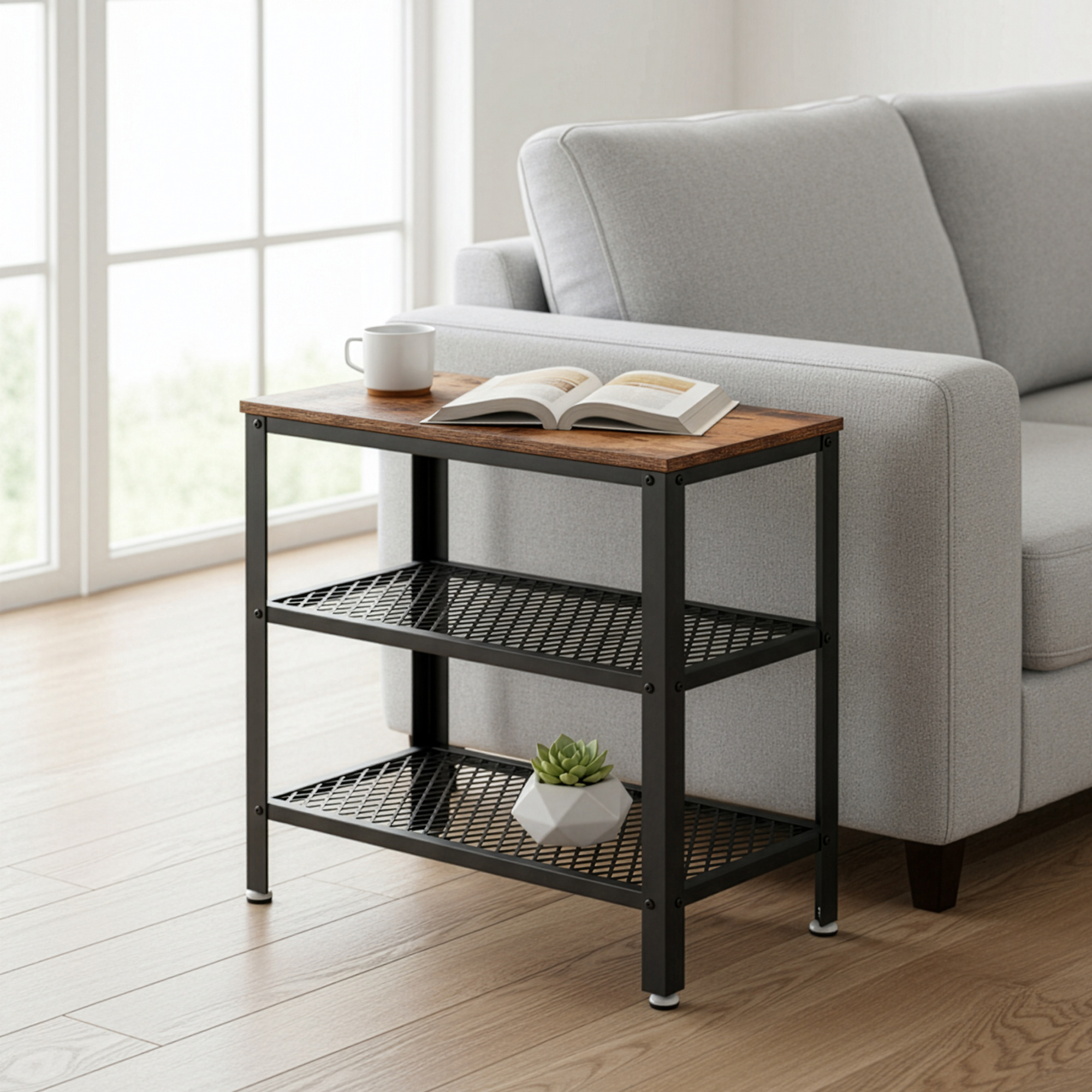 Image of Industrial Side Table With 2 Metal Shelves, Space-, Easy To Assemble, For Living Room, Hallway, Bedroom, Brown