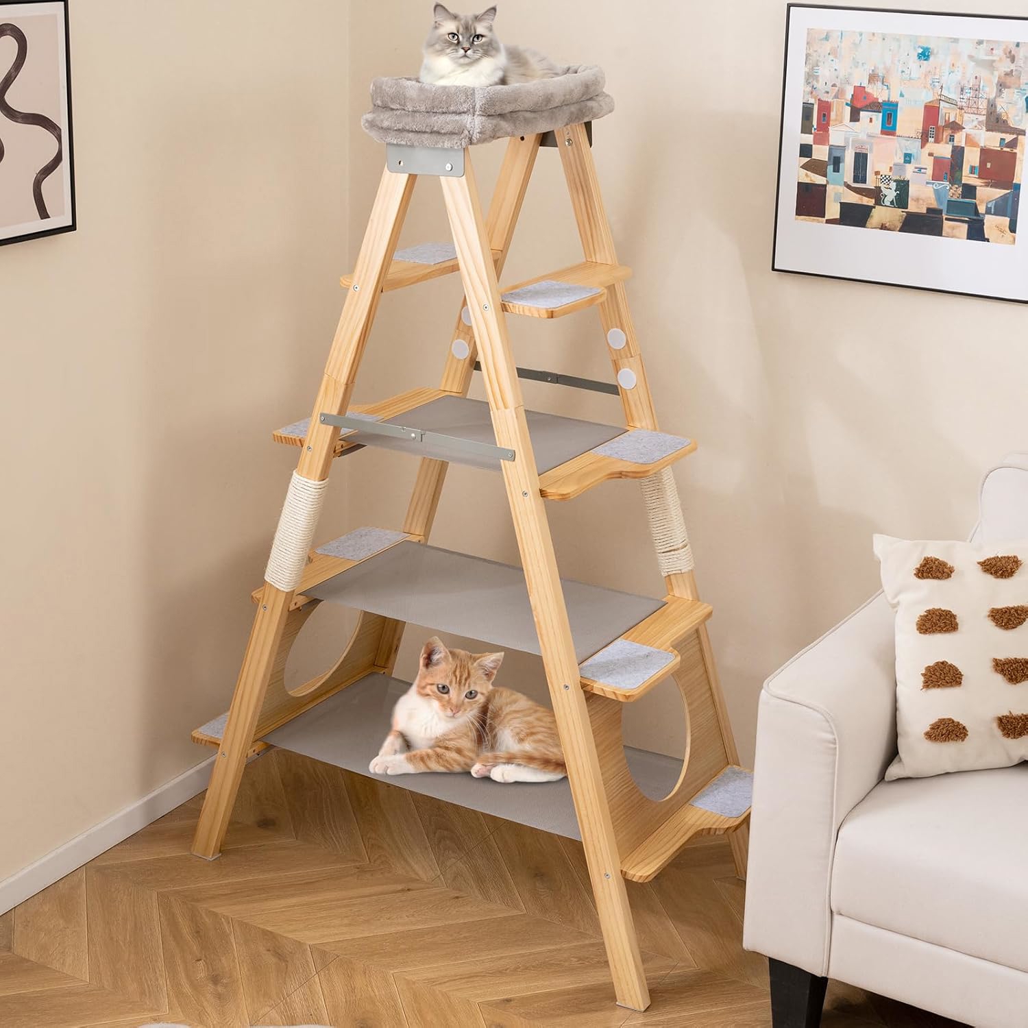 Wooden Cat Tree, Folding Furniture With Staircase, 5-level Massive Pine With Padded Hanger