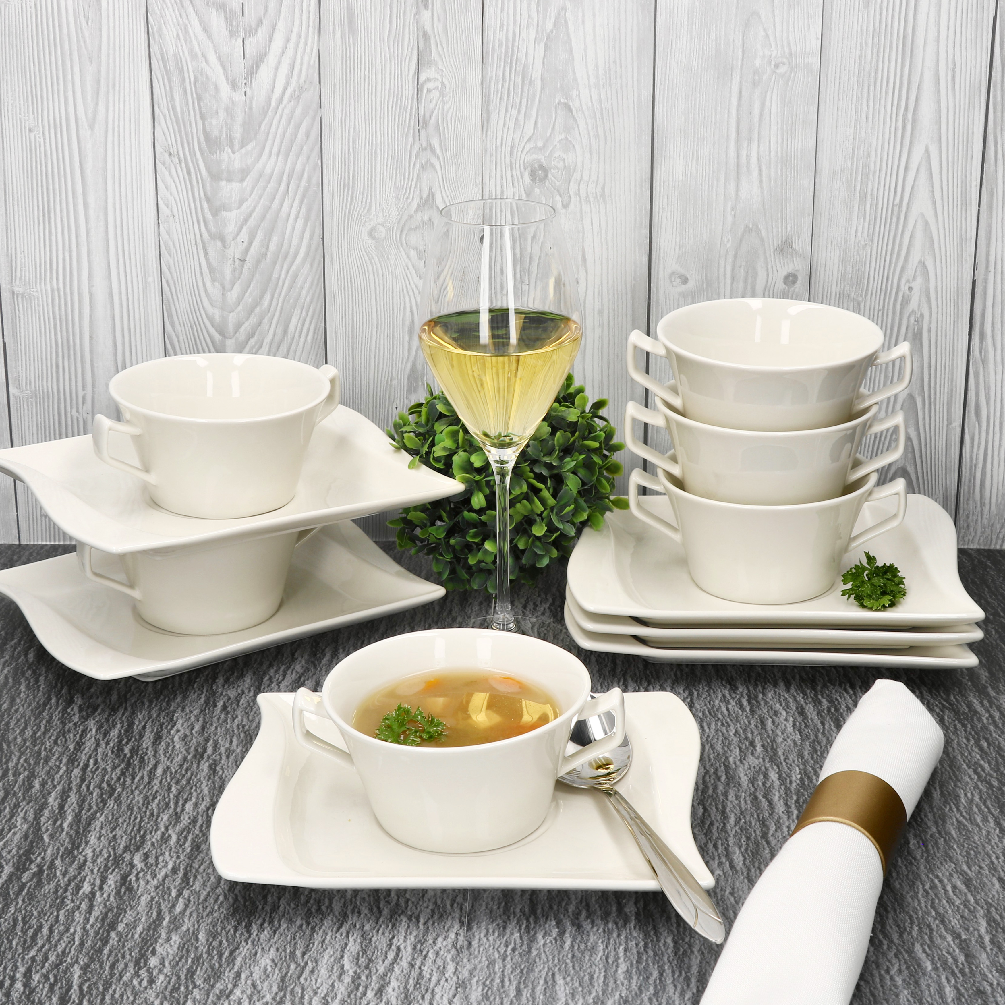6x Ivory Soup Plate 200ml With Underplate Soup For 6 People