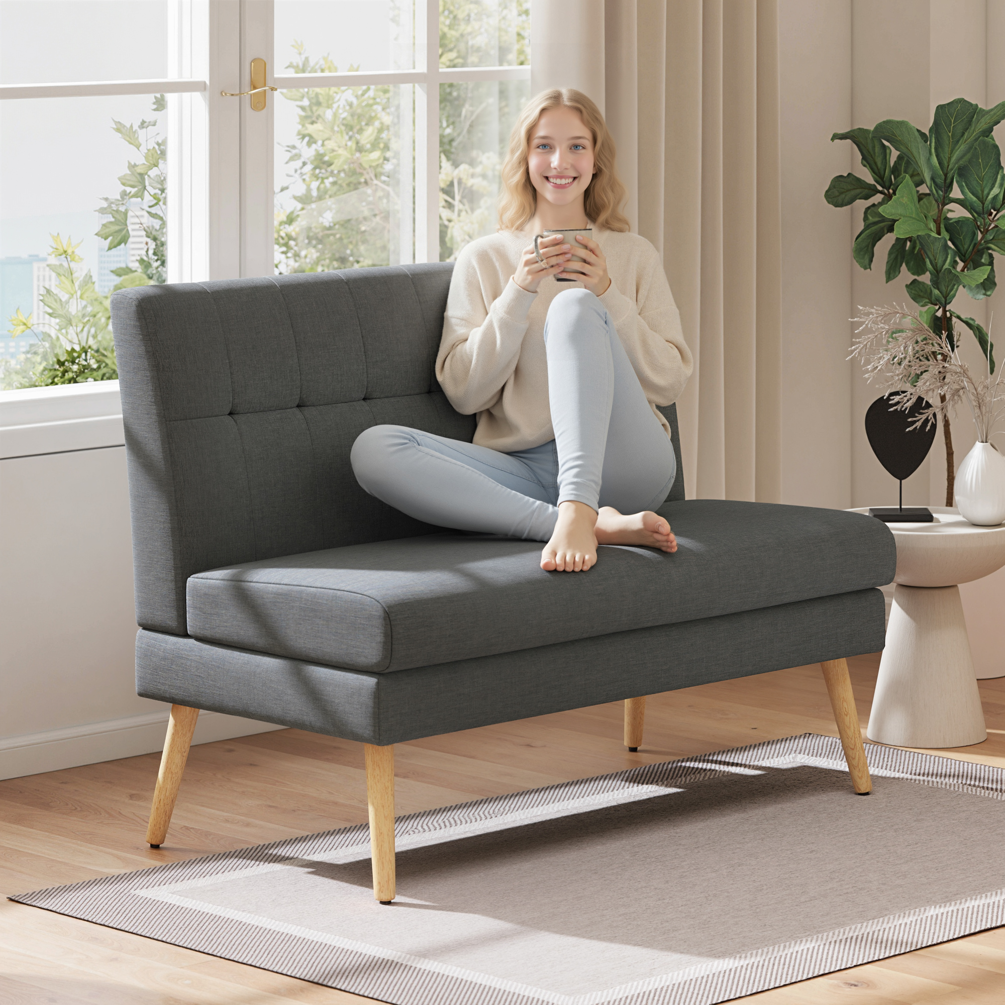 2-seater Sofa Couch With Linen Look, Tufted Backrest, Small Upholstered Modern Sofa 118 Cm, Padded Double Sofa With Wooden Legs For Living Room, Small Spaces, Dark Grey