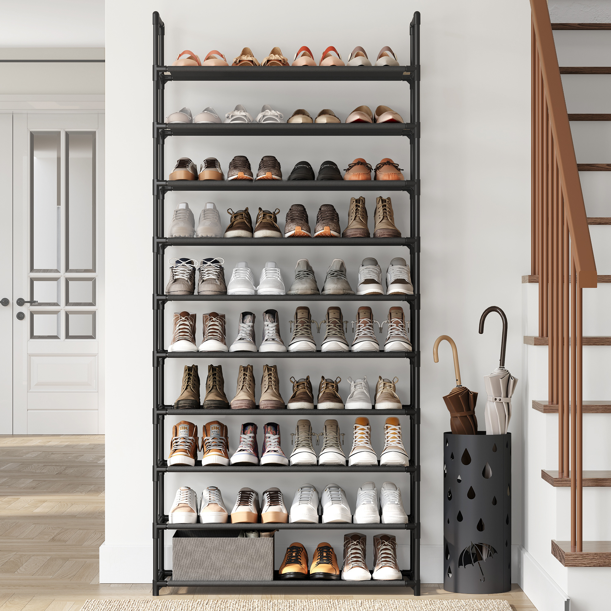 Image of Narrow Shoe Rack With 10 Tiers, Dimensions 28 X 83 X 173 Cm, Metal Frame, Felt Shelves, Suitable For And Bedrooms, Black