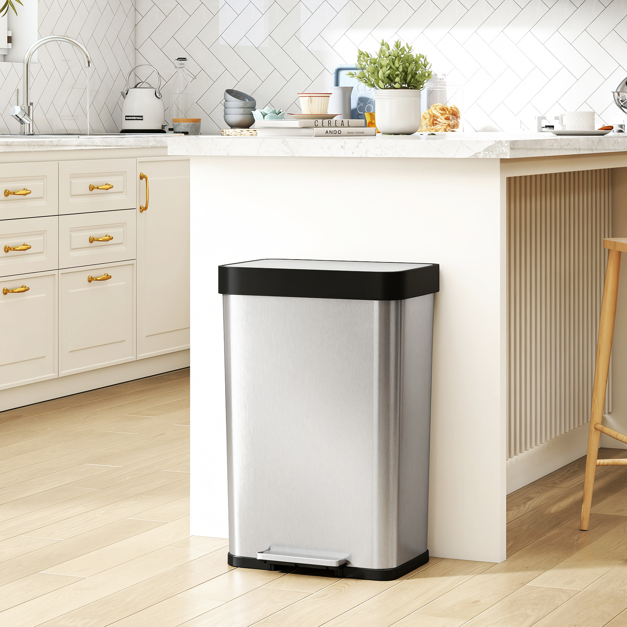 60l Kitchen Trash Can With Lid, Open-keep Function, And Pedal Bin With Compartments For Deodorant Waste Collector, Stainless Steel, Silver, 44 X 36 .5 Cm