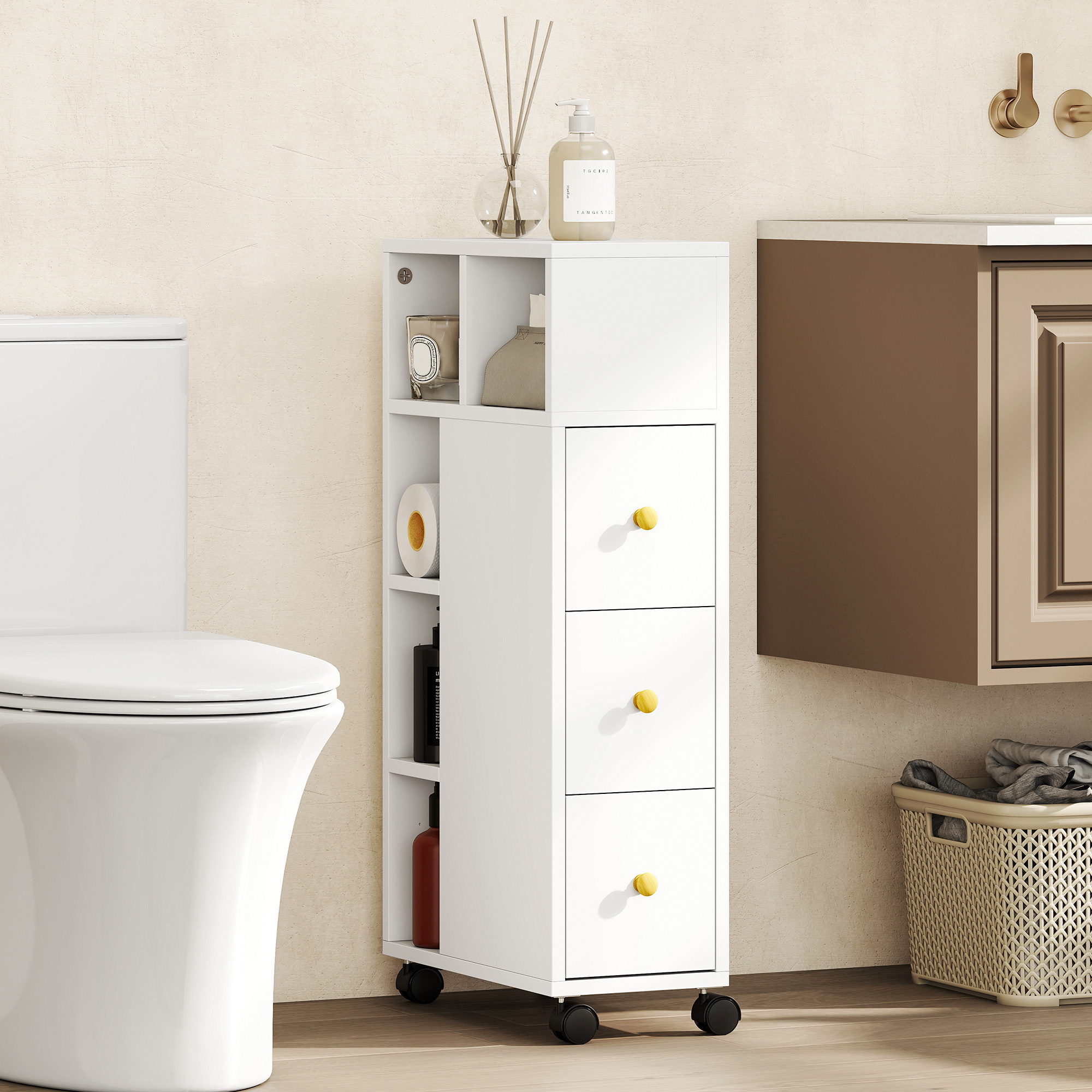 Image of Narrow Bathroom Cabinet With 4 Wheels, 3 Drawers, Storage Cabinet With 5 Open Compartments, Toilet Cabinet For Small Spaces, X 80 Cm, White