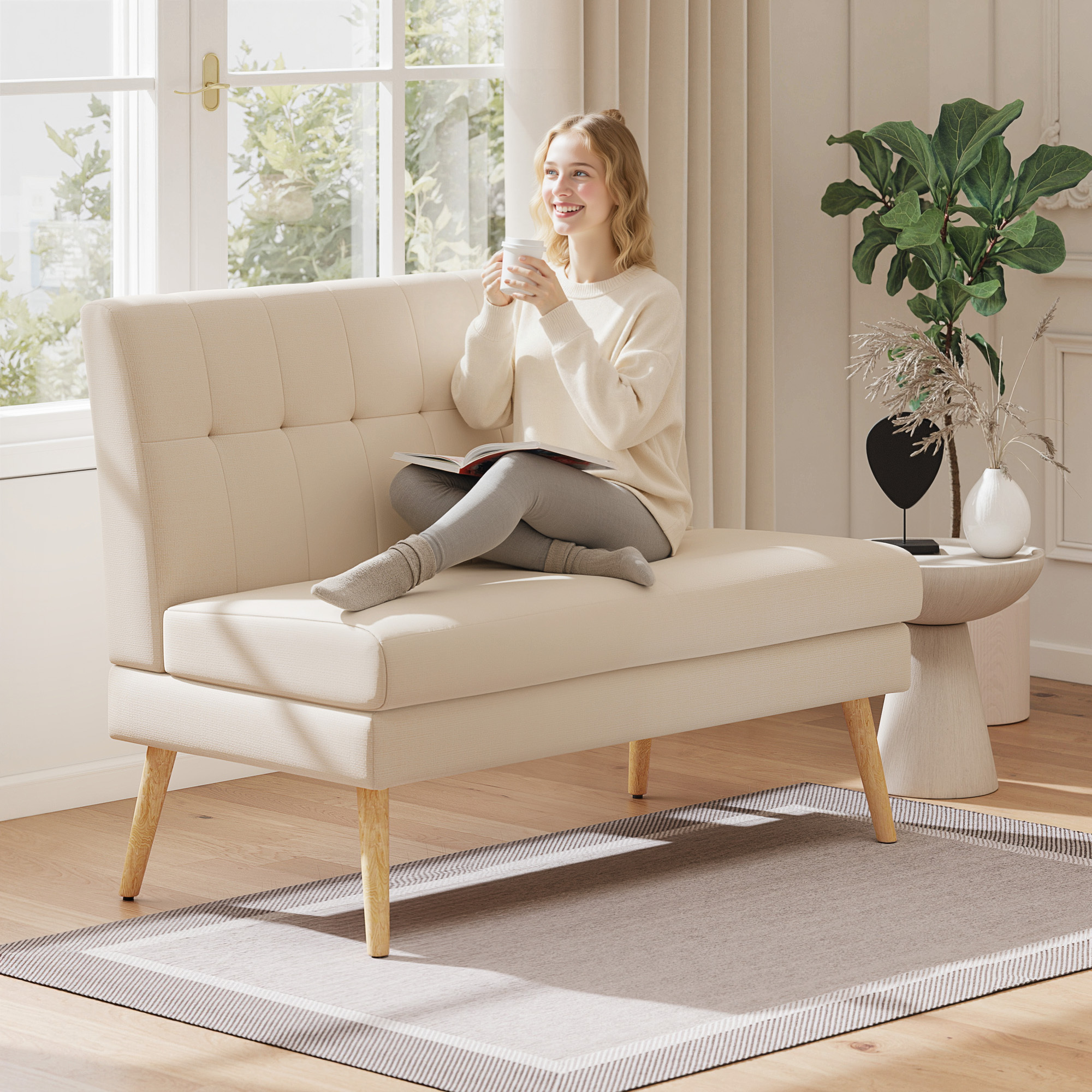 Image of 2-seater Sofa With Linen Optics, Tufted Backrest Small Upholstered Sofa Modern 118 Cm Upholstered Double Sofa With Wooden Legs For Living Room, Small Rooms, Beige
