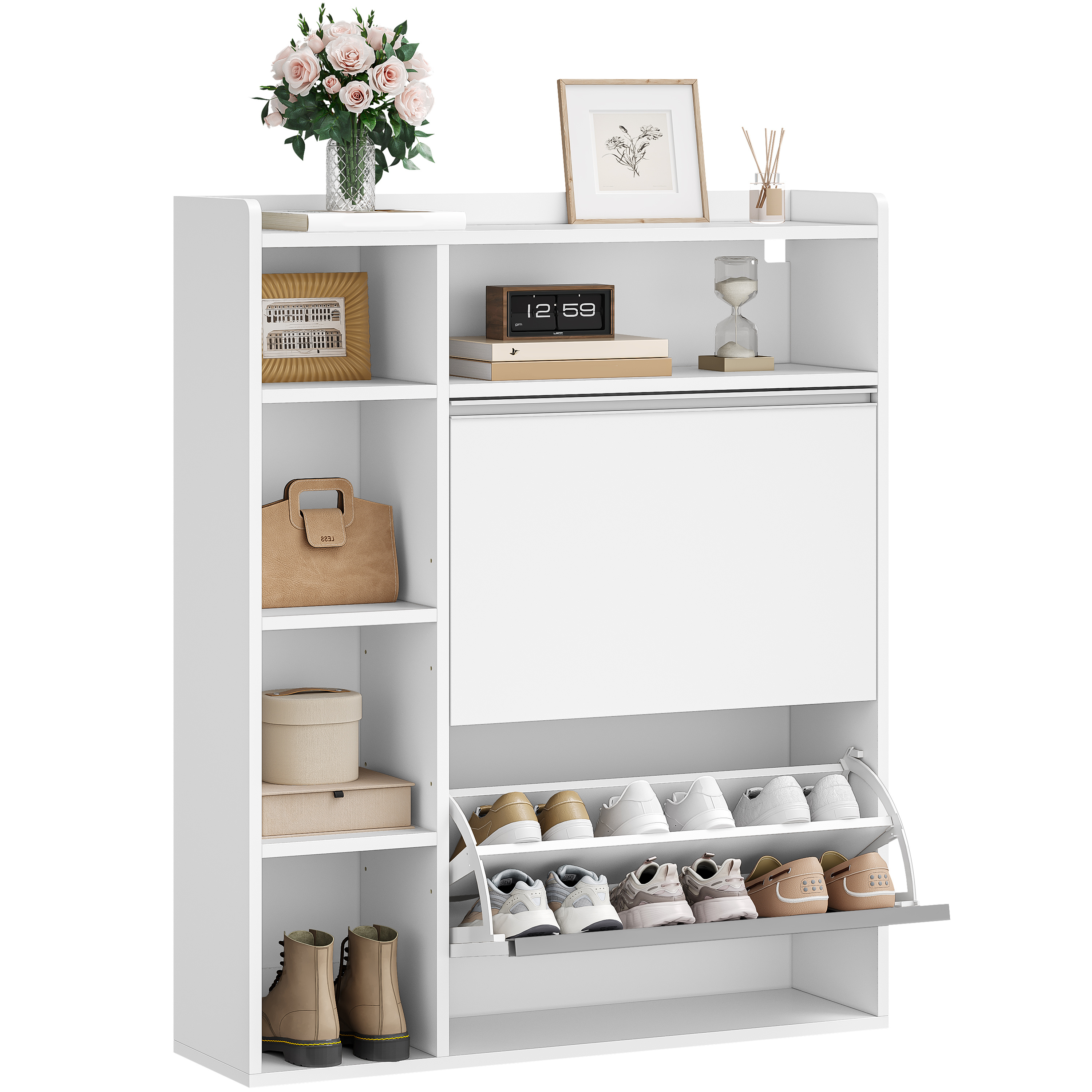 Image of Shoe Cabinet Entrance With 2 Doors, 5-compartment Shoe Rack, Adjustable Separator, 8-12 Pairs, For Entrance, Living Room, 84. X 102 Cm, White