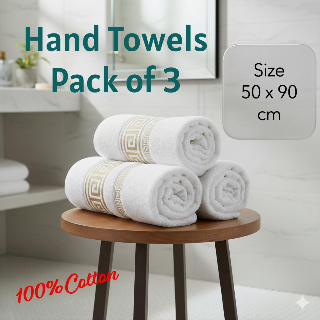 TEMU Hand Towels 100% - Pack Of 3 - Super Soft High Absorbent 450 Gsm With Greek Border Design For Everyday Use - Quality Quick Soft Extra Large Hand