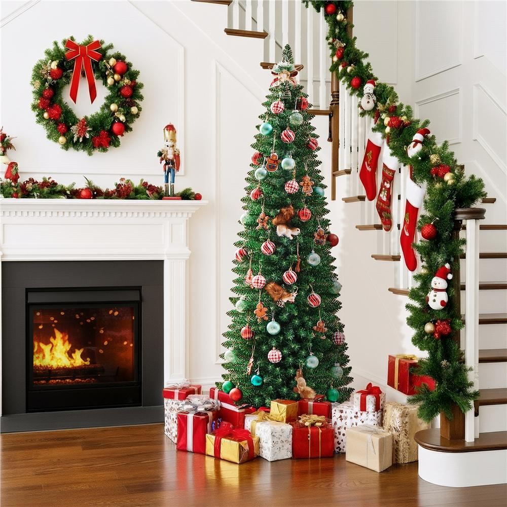 TEMU Artificial Slim Christmas Tree In High And Narrow Polyvinyl Chloride With Plastic Base, Christmas Decoration For Home Office Living Room