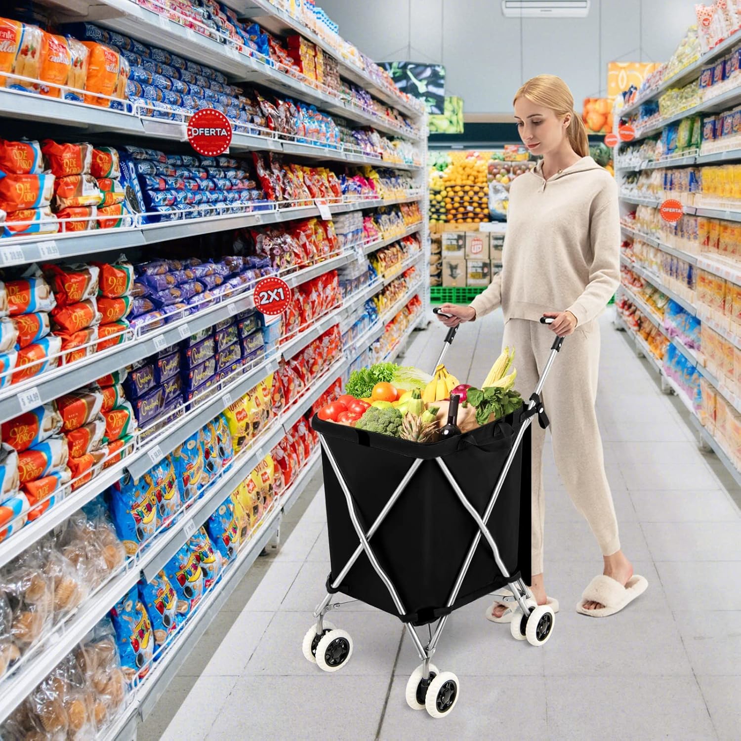 Image of Folding Shopping Cart With Wheels, Lightweight Grocery Cart With Dual Swivel Casters, Removable Oxford Bag