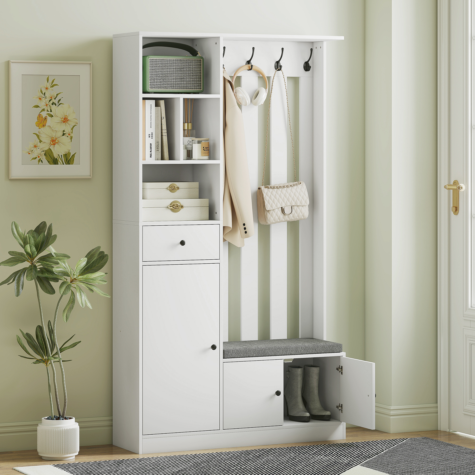 Wardrobe Set With Bench, Shoe Cabinet, Adjustable Shelf, Drawer, 4 Hooks And Open Compartments Compact Wardrobe For Entrance Area 100 X 30 X 180 Cm, White