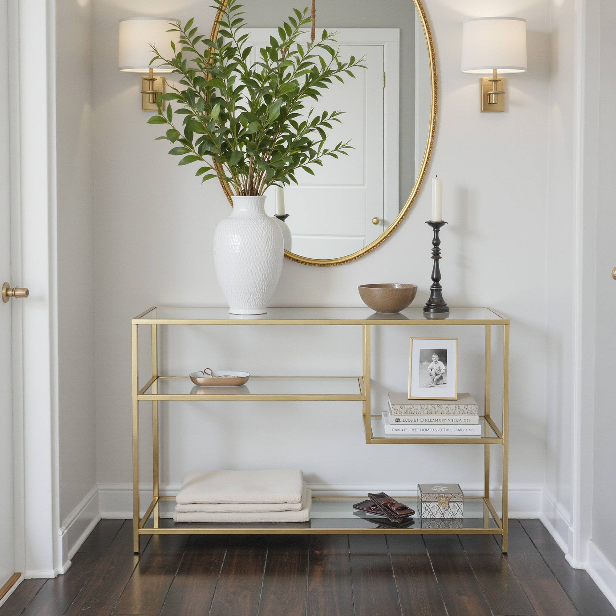 Image of Side Table 35 X 100 X 80 Cm Made Of Glass And Metal, With Shelves, For Hallway Or Living Room, Golden
