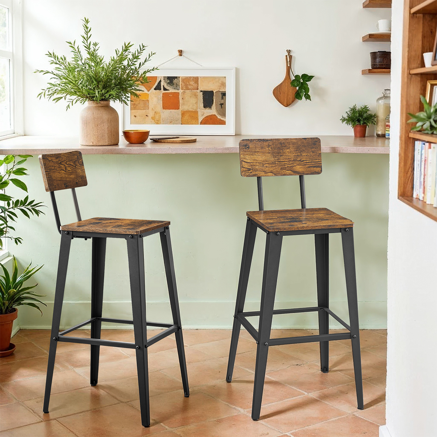 Bar Stools With Backrest, Kitchen Chairs, 2 Stools Per Set, , Easy To Assemble, , -ink Black