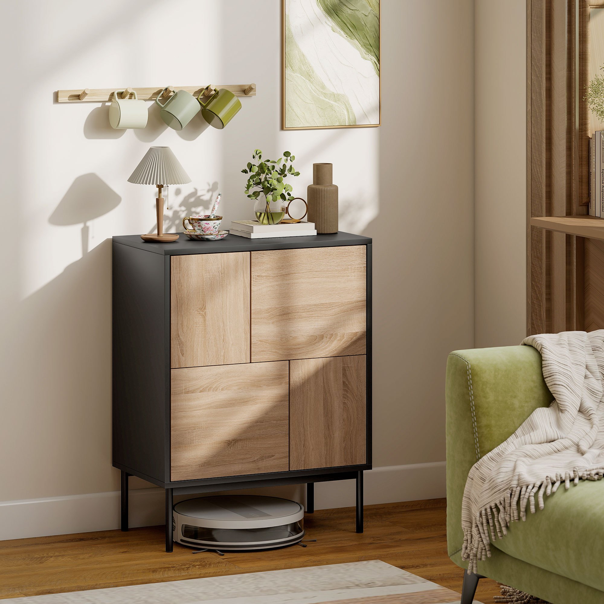 Image of Sideboard, Dresser With Doors, Storage Cabinet With Metal Legs, Modern Kitchen Buffet Cabinet For Kitchen, Dining Room, Living Room, 60 X 35 X 75 Cm, Black+natural Wood
