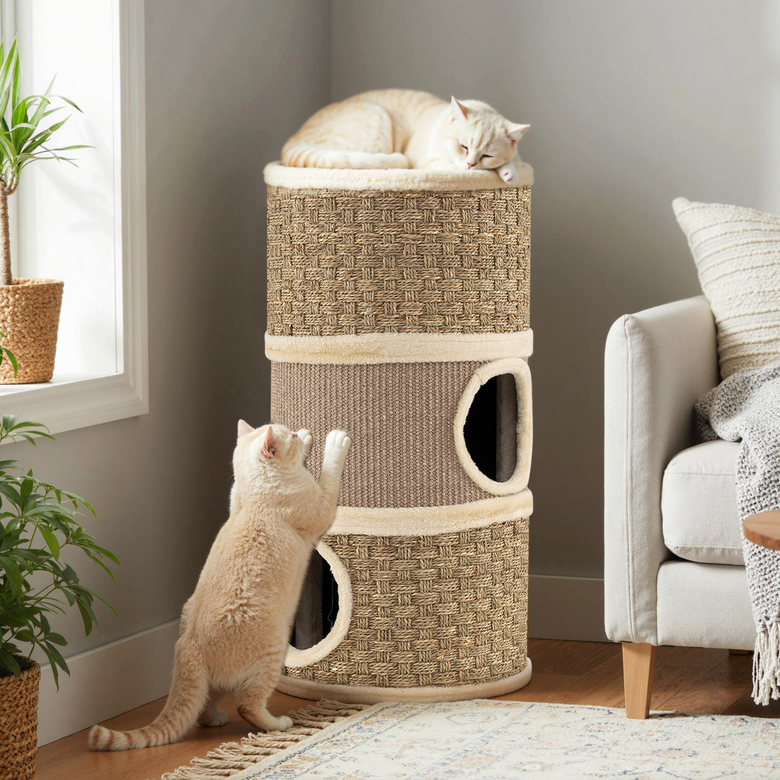 Image of 3-storey Cat Condo, 70 Cm Multi-level Cap With Sisal , Plush Bed For Napping, Modern Shaped Cat Tree Tower