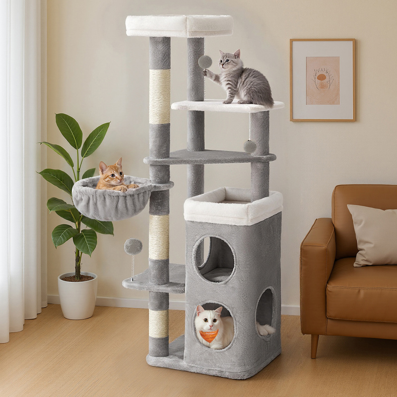 E-shop Kratzbaum 152cm mit Kippschutz, mehrstöckiger Katzenbaum mit , Liegemulde, Kratzstämmen, Aussichtsplattformen,Leicht zu reinigen:，für