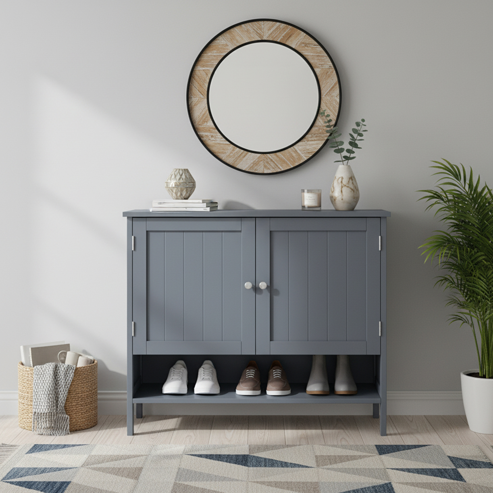 Shoe Rack With Height-adjustable Shelves, Shoe Cabinet, Shoe Storage, Country House Style, Freestanding, Grey