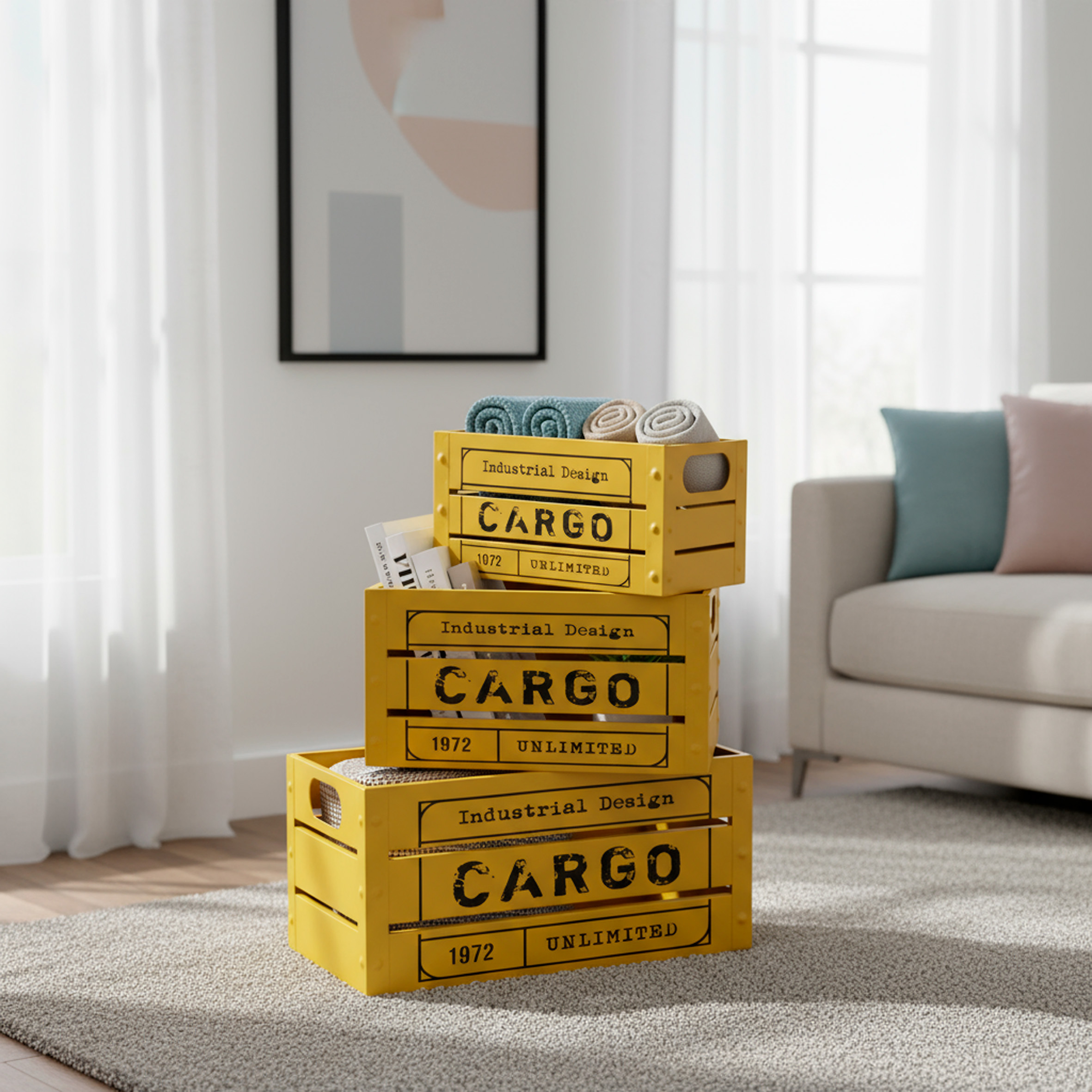 Baroni Home Set 3 Vintage Style Fruit And Vegetable Cassettes, Metal Industrial Style Cases, Stackable Drawer Cassettes, Square Or Rectangular Red Brick, Yellow, Green, 26x26x20 Cm