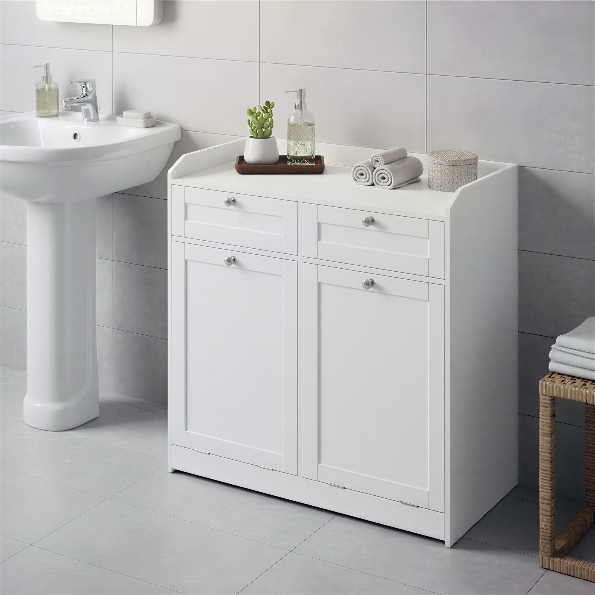 Bathroom Cabinet With 2 Removable Laundry Baskets, 2 Drawers, Storage Cabinet, With Handle, 40 X 78.8 X 80 Cm, White