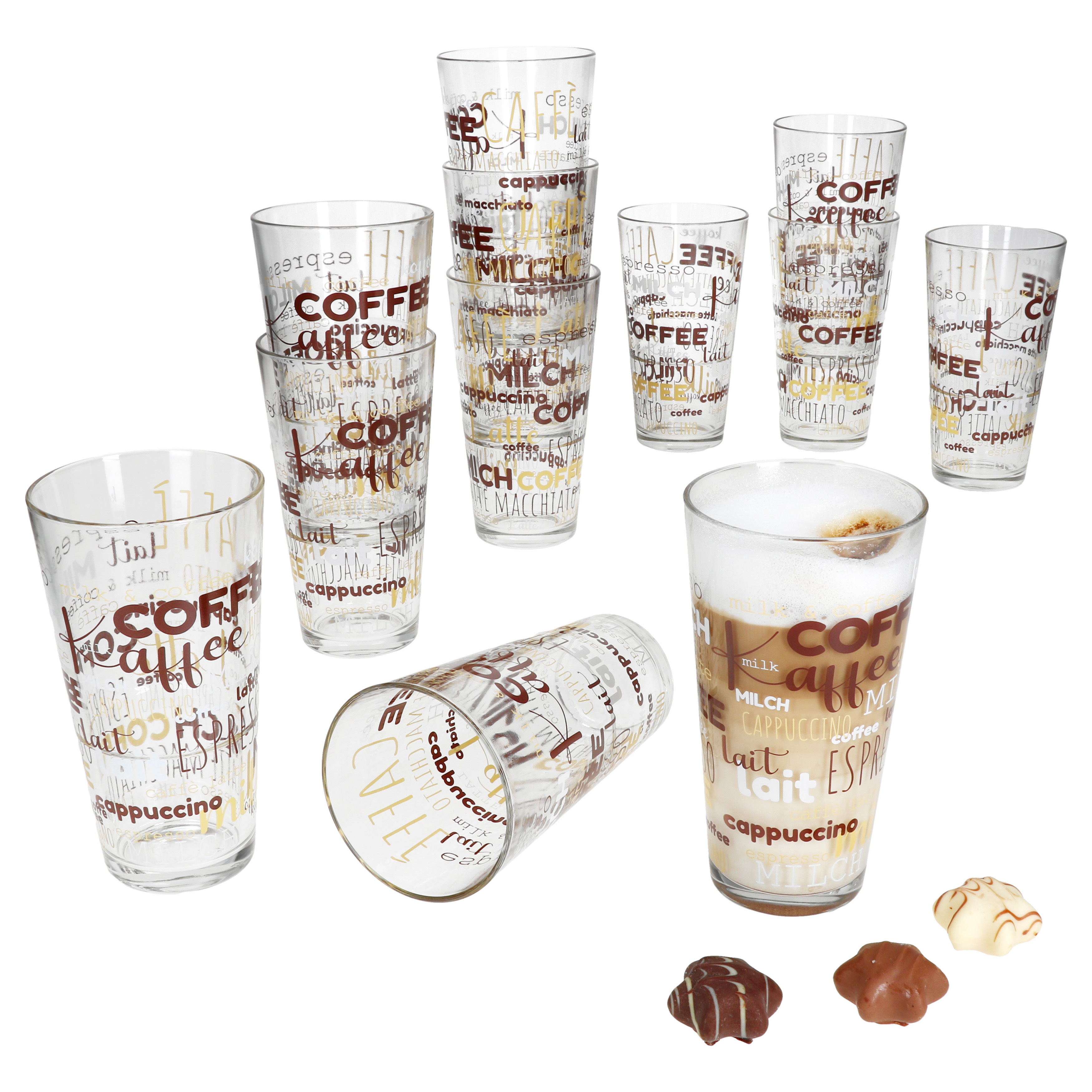 E-shop 12x Candy Gläser 380ml Schrift-Dekor stapelbar Kaffee-Glas