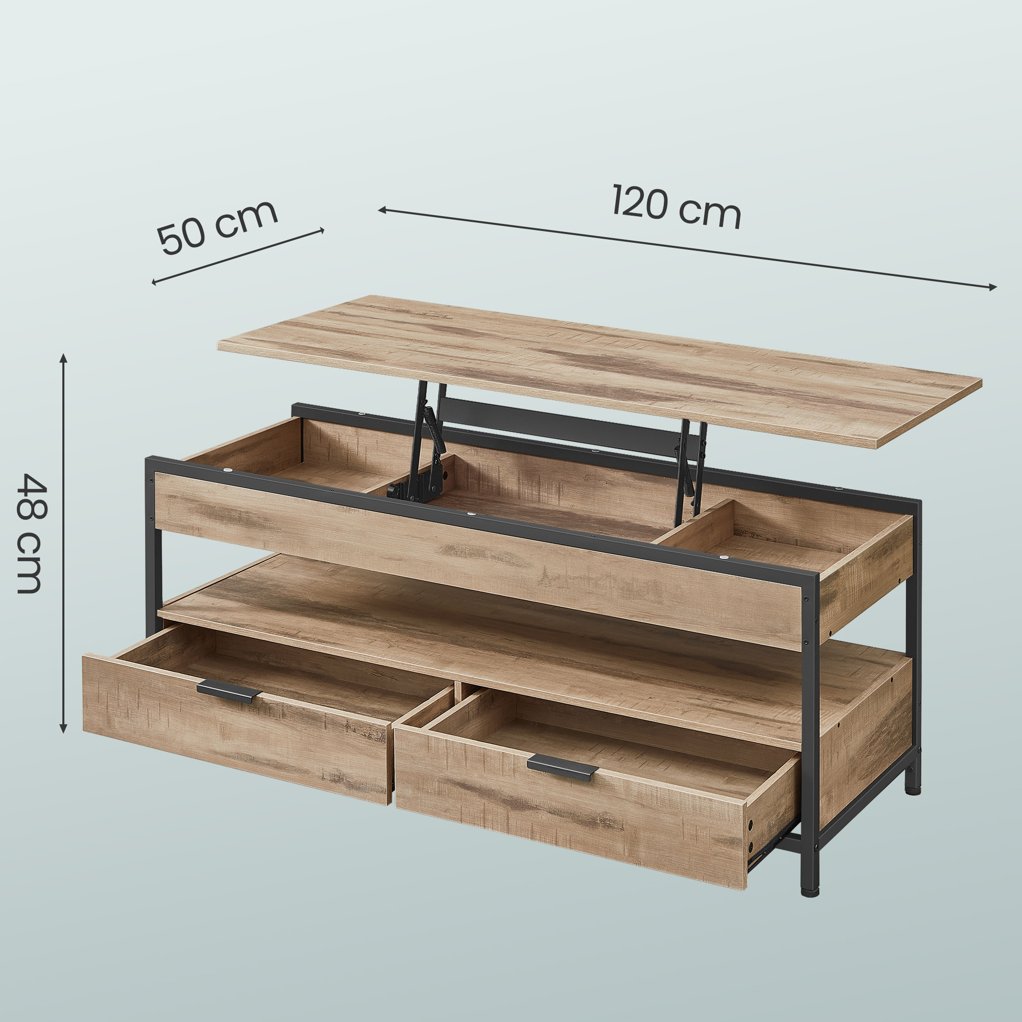 Height-adjustable Coffee Table, Coffee Table With Drawers, Open Compartment, 50 X 120 Cm