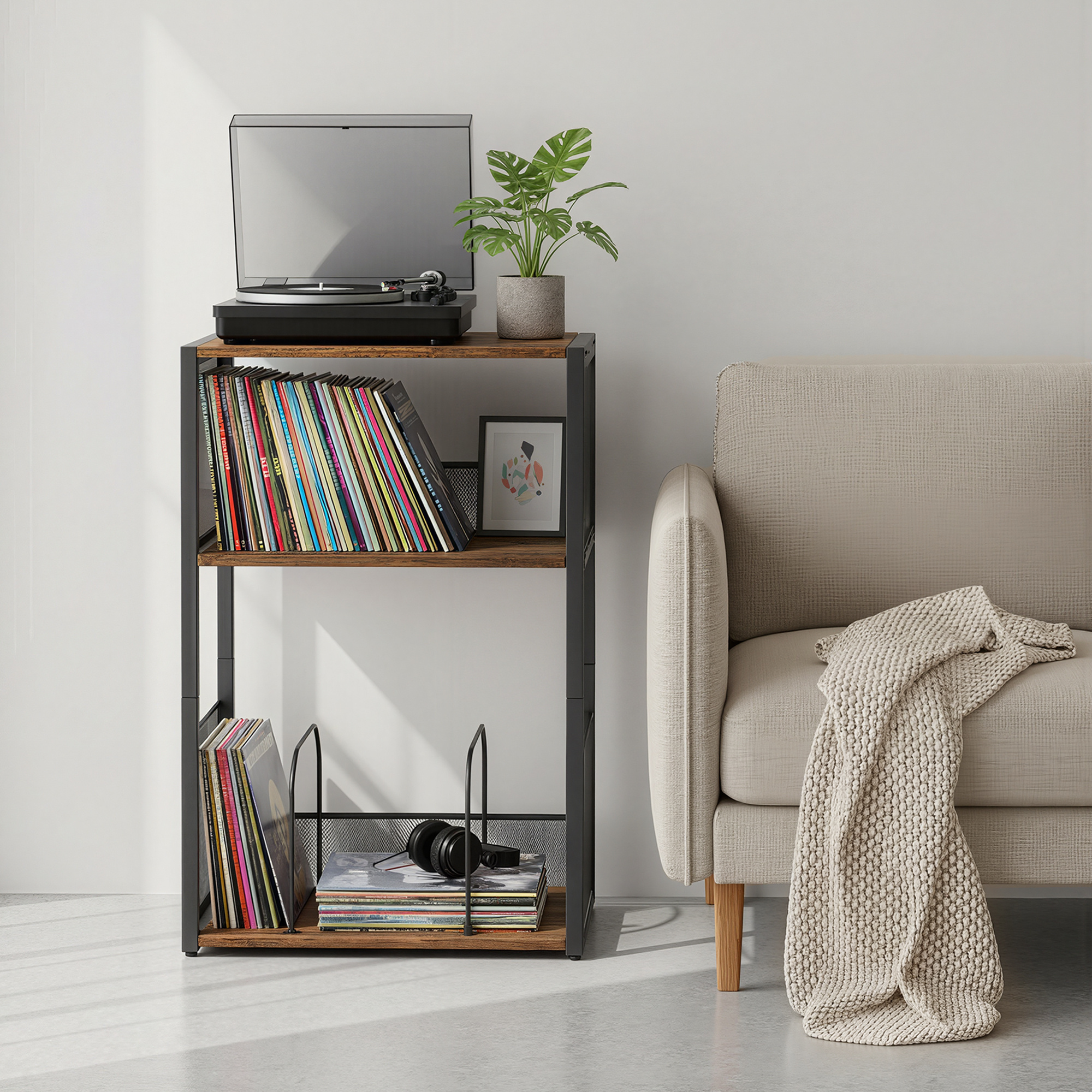 Image of Record Player Stand 3 Tiers, For Up To 100 Albums, Side Table For Living Room, Bedroom, Brown