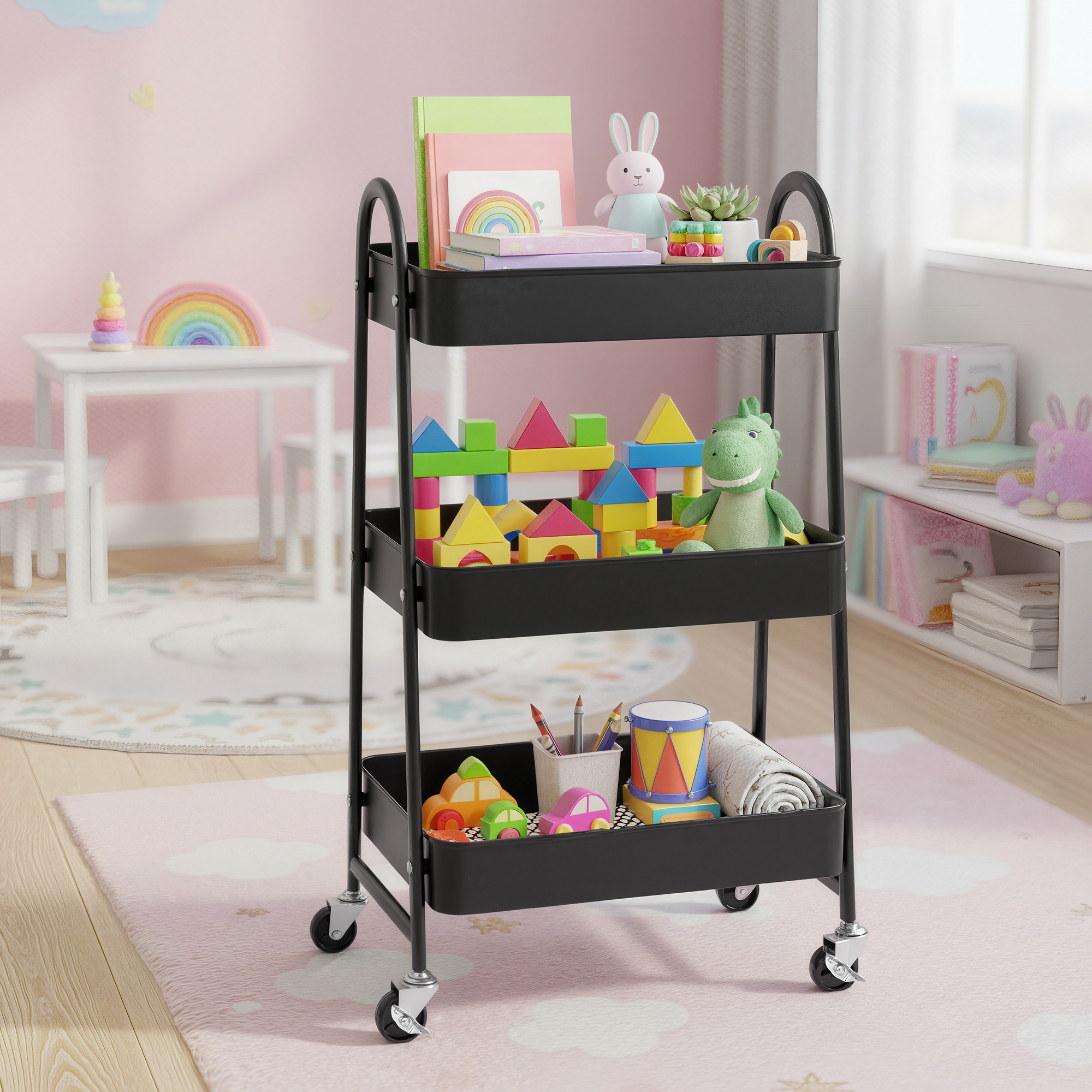 Cart With 3 Levels, Metal Serving Cart, Bedroom, Laundry Room, Black
