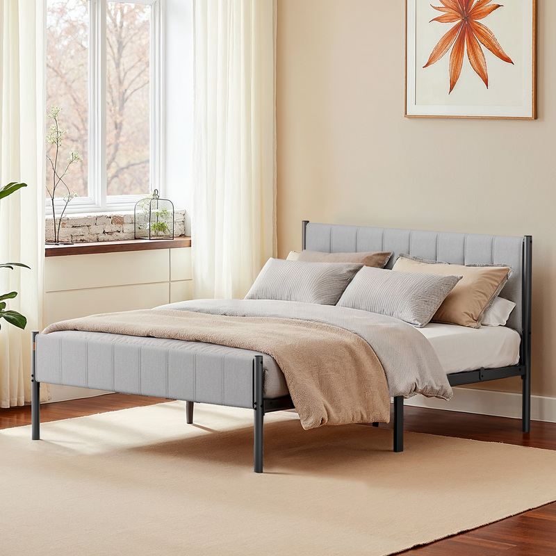 E-shop Bettgestell, Bettrahmen, Stahl-Lattenrost, 160 x 200 cm, mit gepolstertem Kopfteil, Doppelbettrahmen, aus Metall，Belastbarkeit bis zu 500 kg,