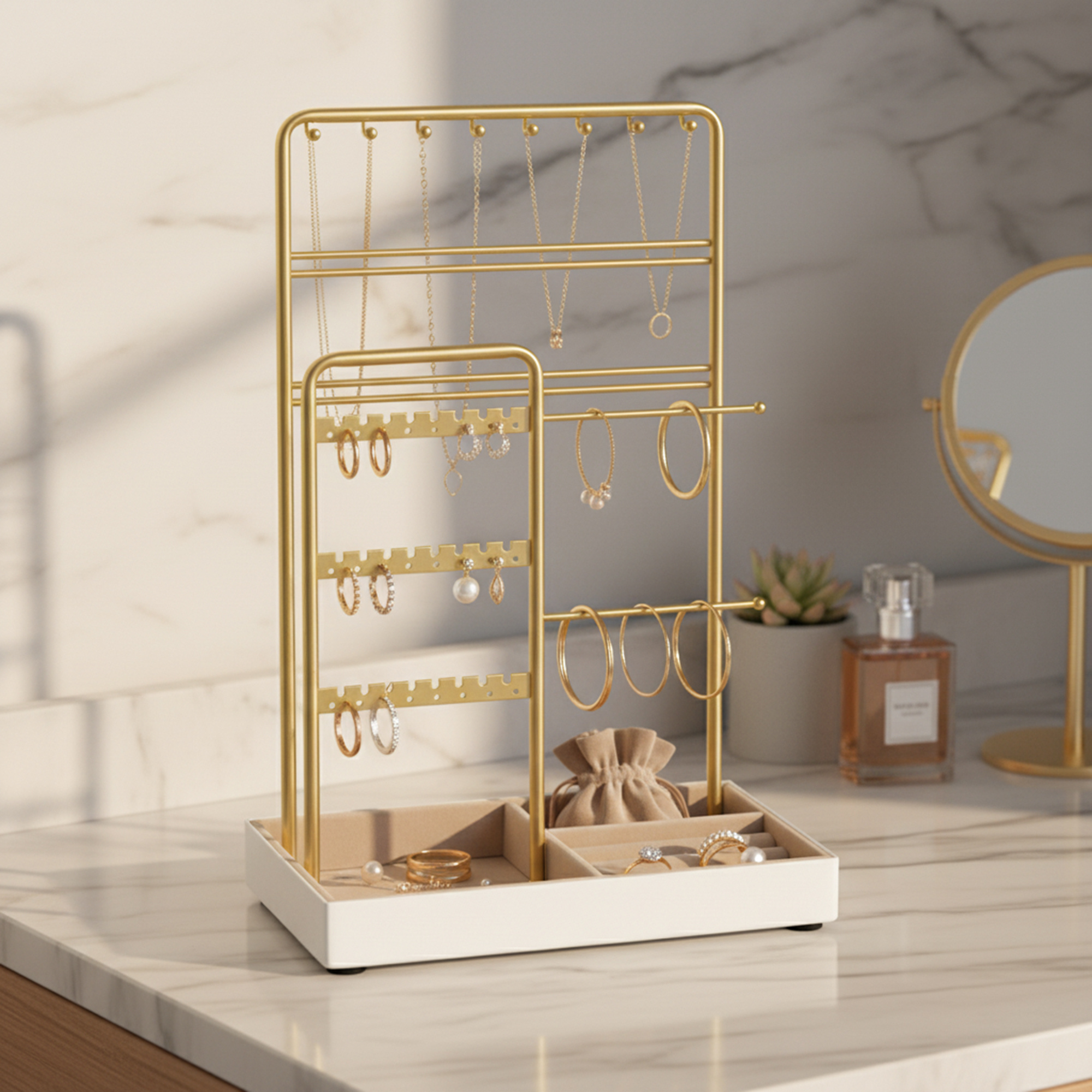 Image of Jewelry Storage, Jewelry Holder, Metal Frame, Velvet Jewelry Tray, Gift Idea, Golden