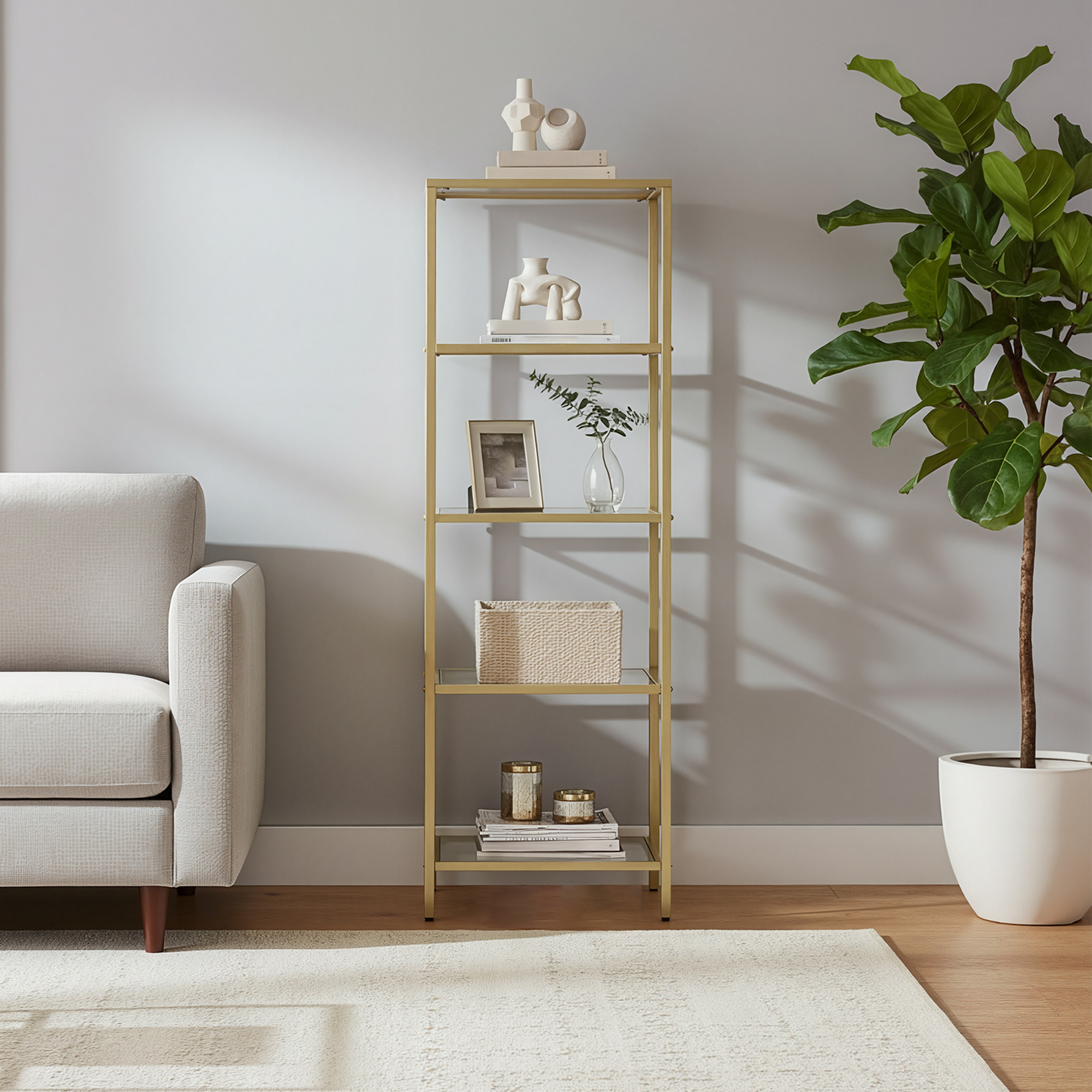 5-tier Glass Shelf, Bookcase, Storage Shelf, Tempered Glass, Easy Assembly, Bathroom, Living Room, Gold