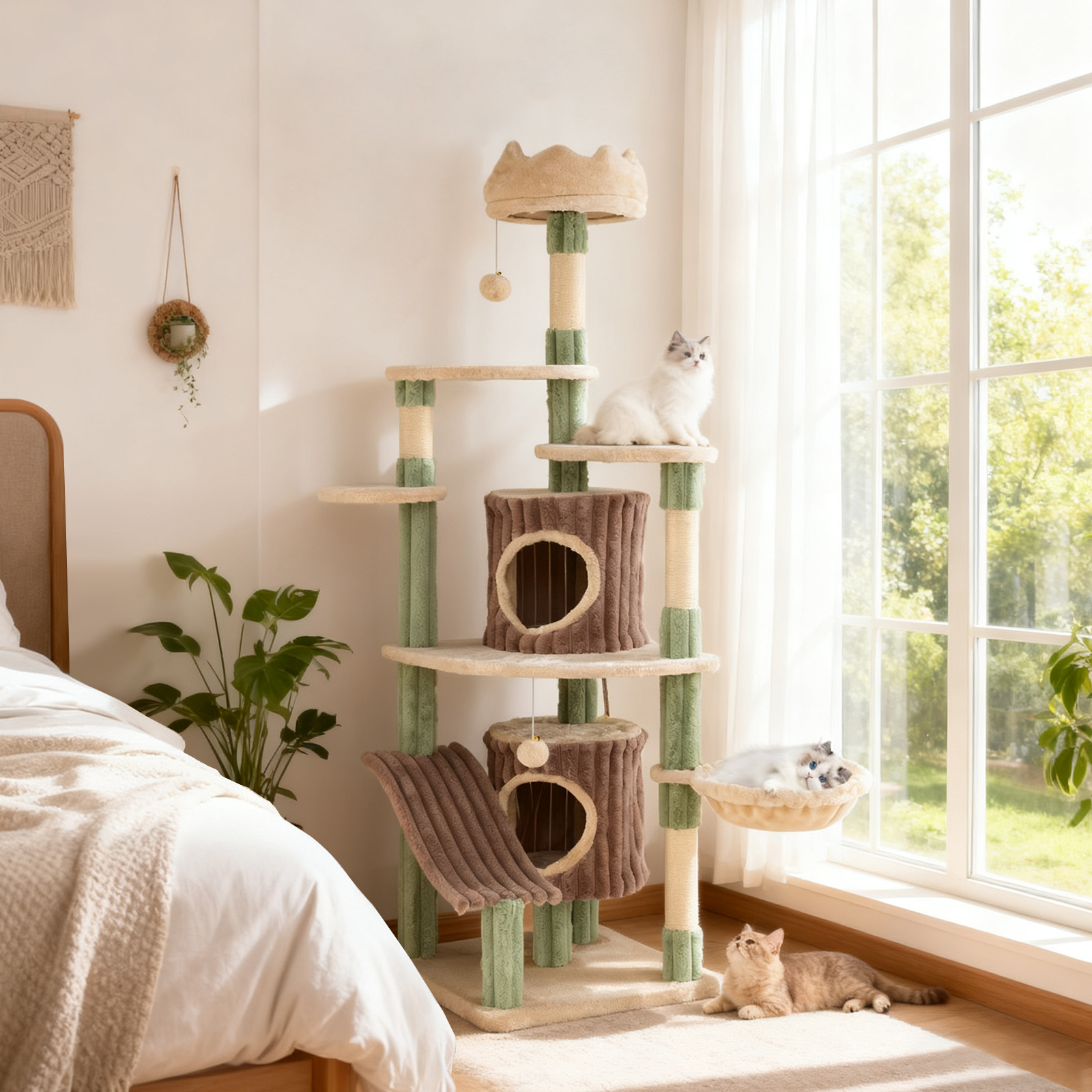 Image of 163cm Large Indoor Cat Tree, Cat Tower With 2 Condos, Plush Hanger, Bed Basket, Sisal Grip Poles, Suspended Balls