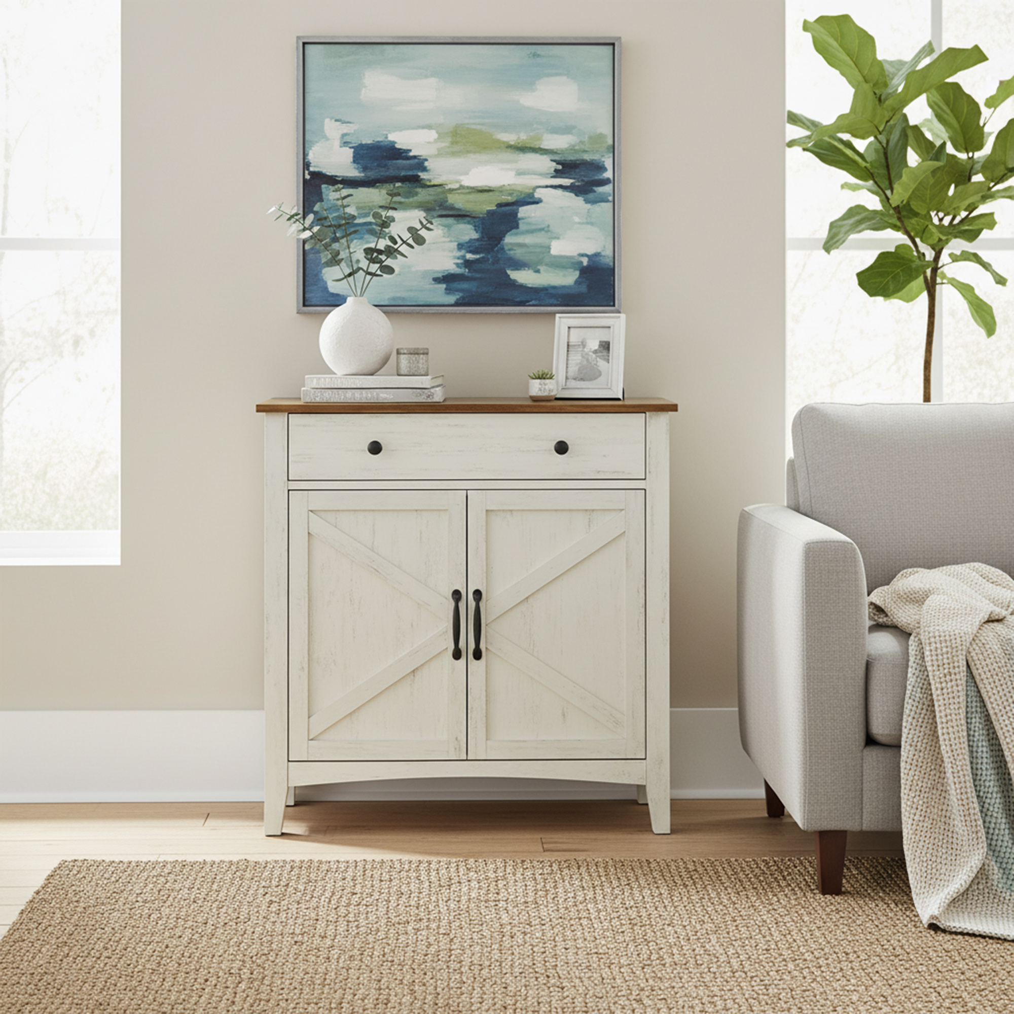 Kitchen Cabinet With Drawer, Rustic Storage Cabinet, Dining Room, White-brown