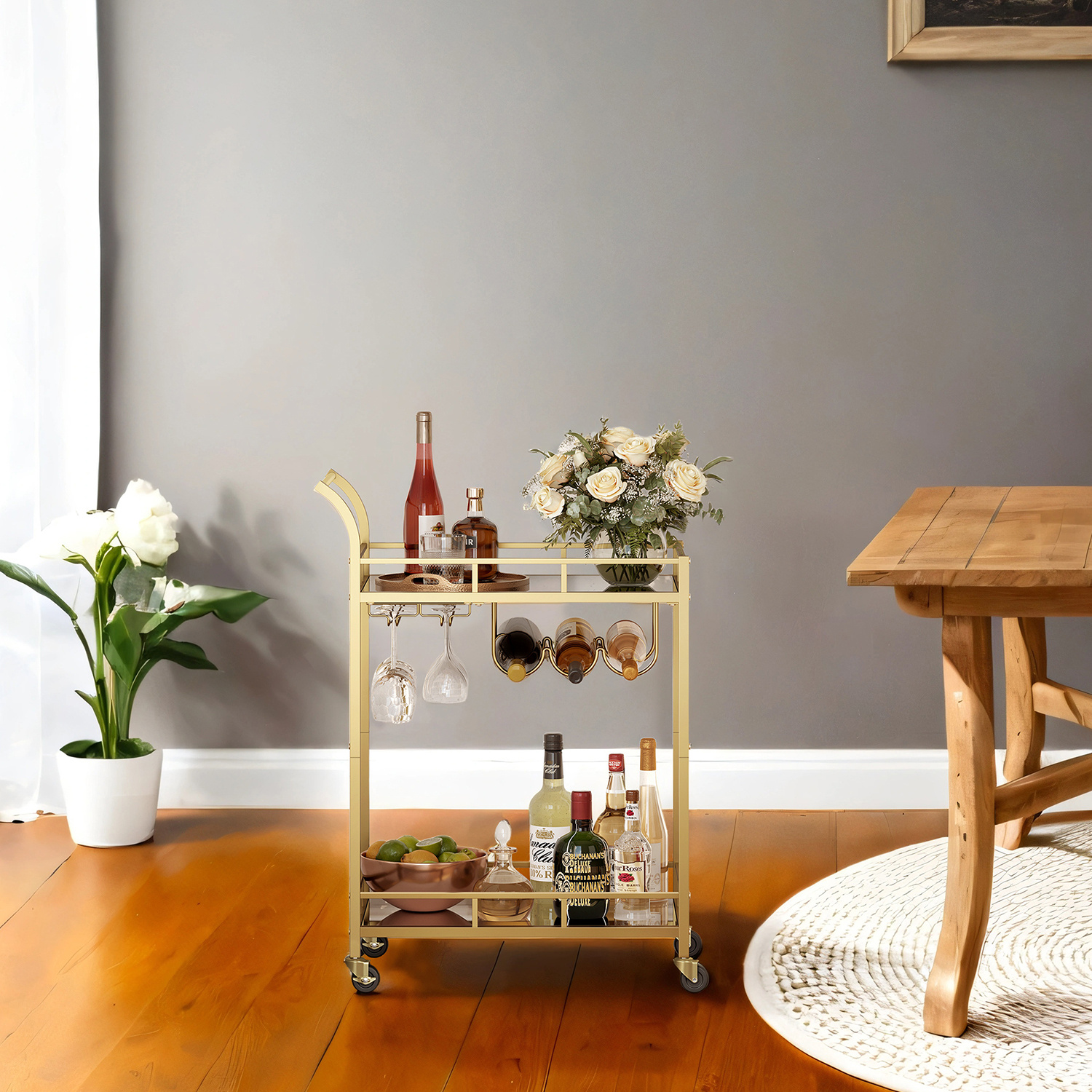 Cart, Serving Cart For The Home Bar, Wine Cart With 2 Mirrored Shelves, Equipped With Wine Rack And Glass Holder, Suitable For Kitchens And Dining Rooms, Golden.
