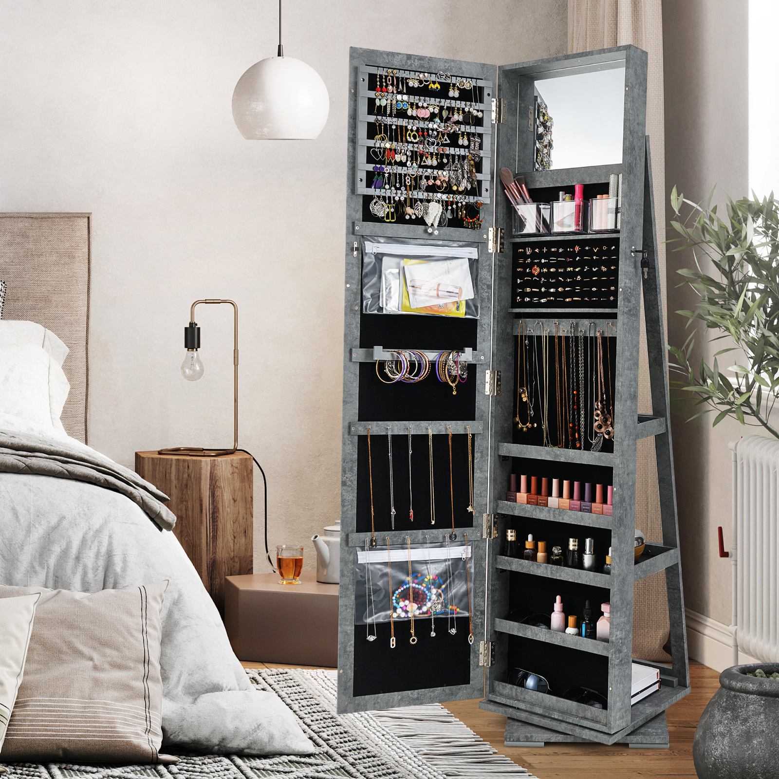 360° Rotating Jewelry Armoire, Lockable Freestanding Jewelry Cabinet W/full-length Mirror & Built-in Makeup Mirror, Large Capacity Jewelry Organizer W/hooks, Ring Slots & Shelves